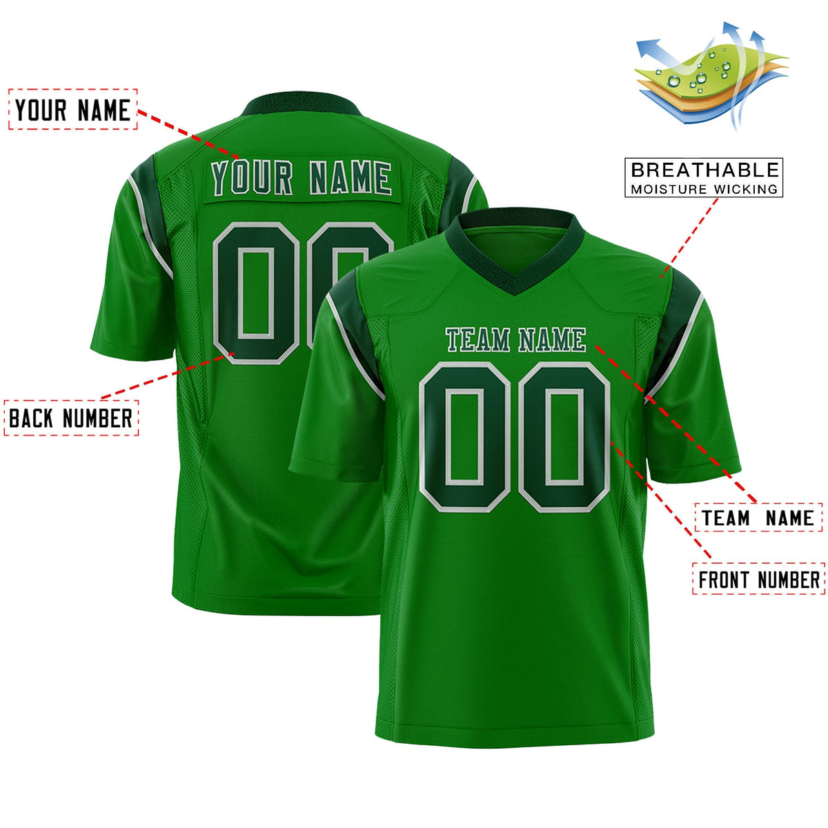 Custom Kelly Green Green Personalized Shoulder Cut Two-Tone Flag Football Jersey