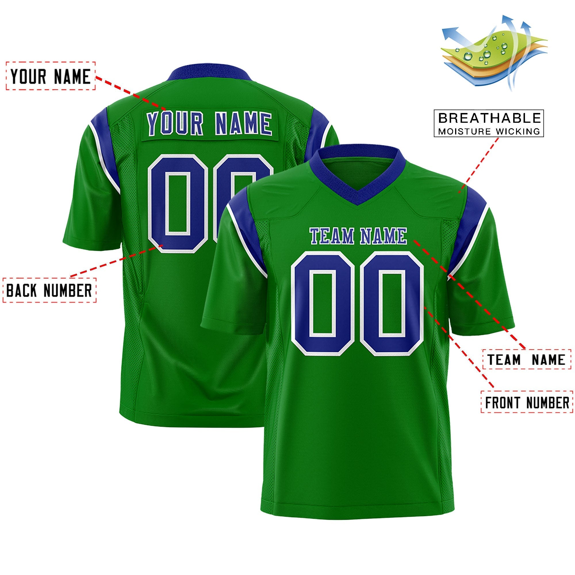 Custom Kelly Green Royal Personalized Shoulder Cut Two-Tone Flag Football Jersey