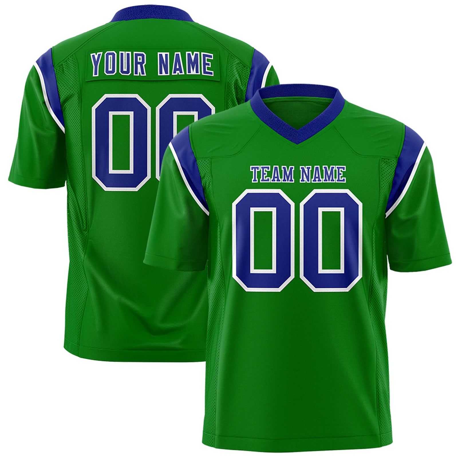 Custom Kelly Green Royal Personalized Shoulder Cut Two-Tone Flag Football Jersey