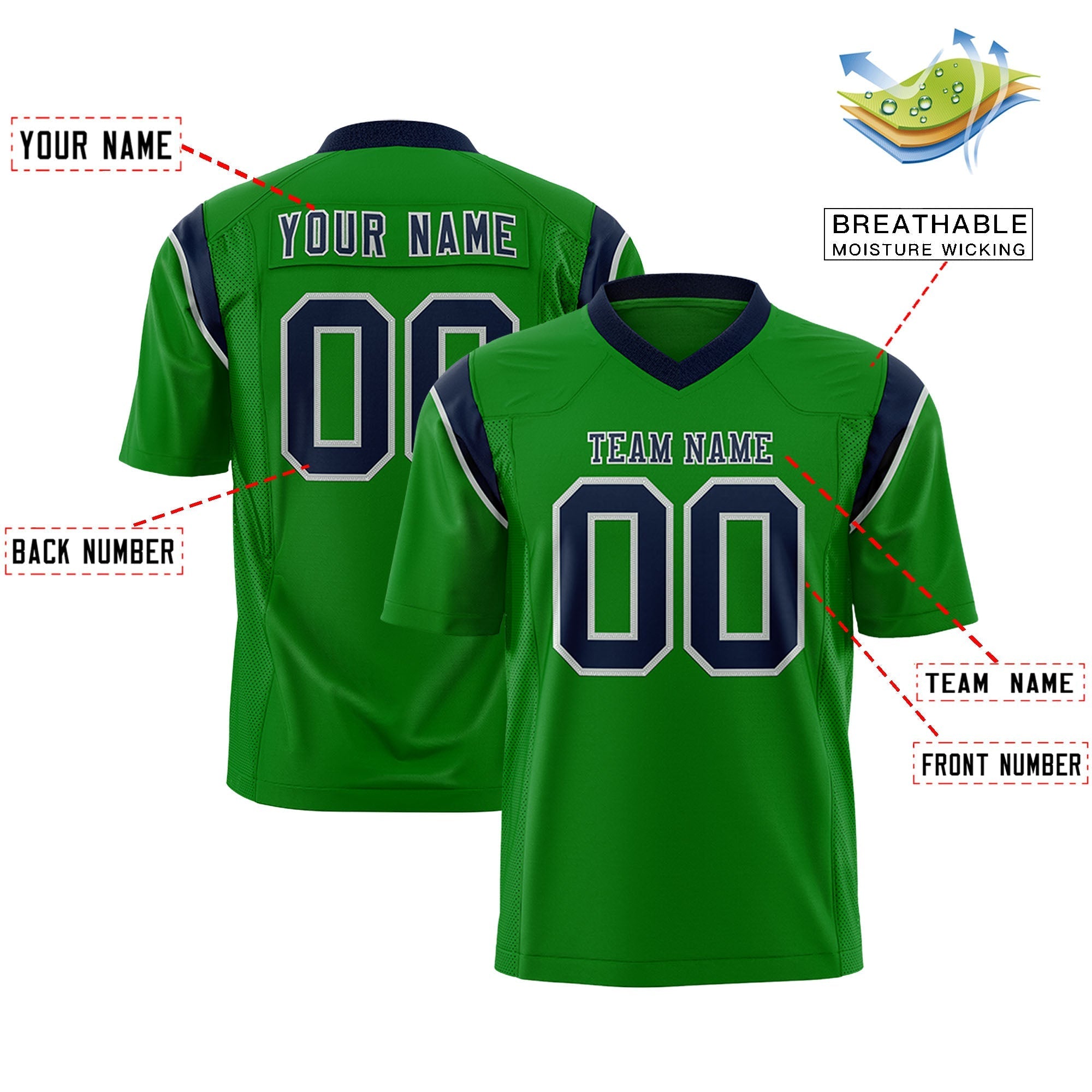 Custom Kelly Green Navy Personalized Shoulder Cut Two-Tone Flag Football Jersey