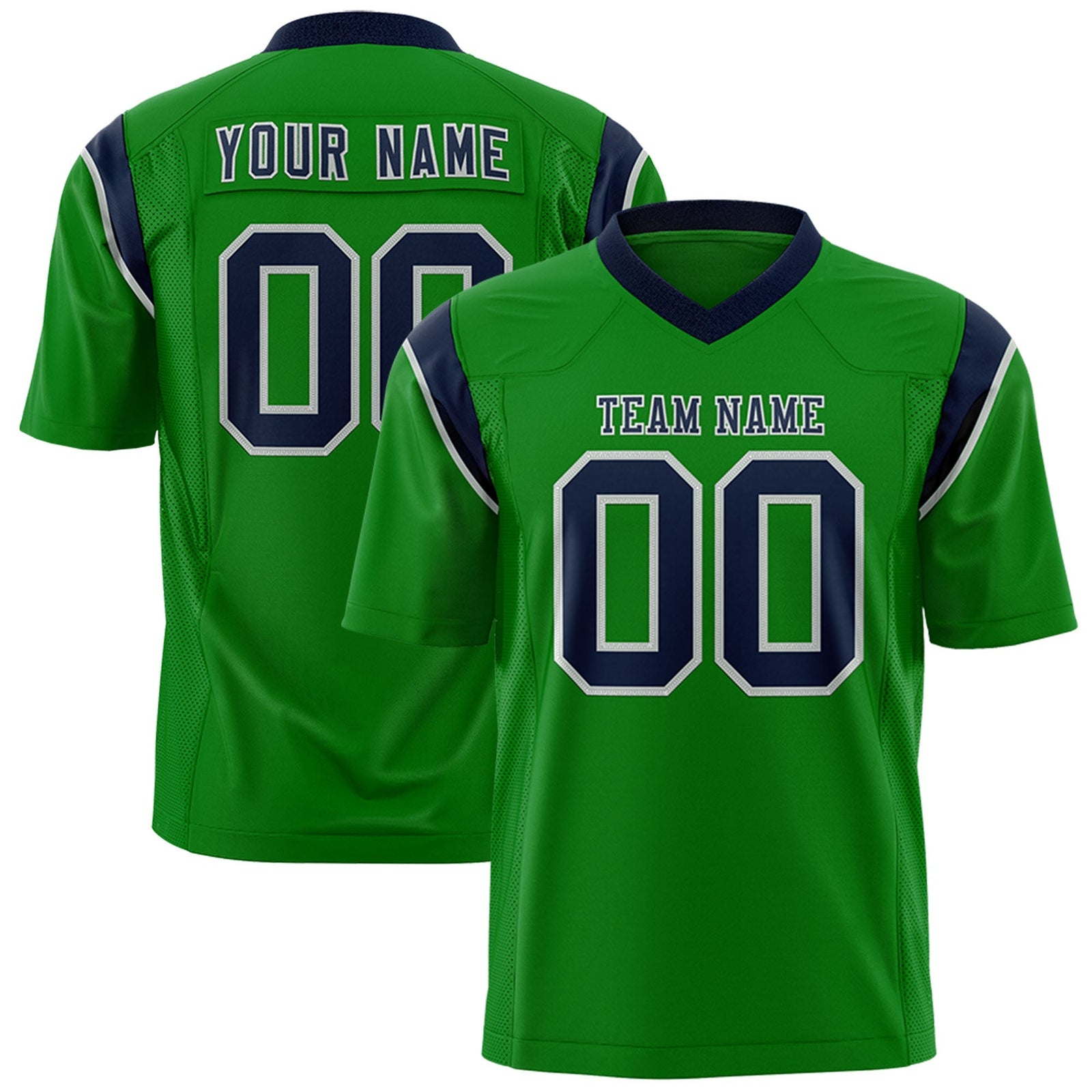 Custom Kelly Green Navy Personalized Shoulder Cut Two-Tone Flag Football Jersey