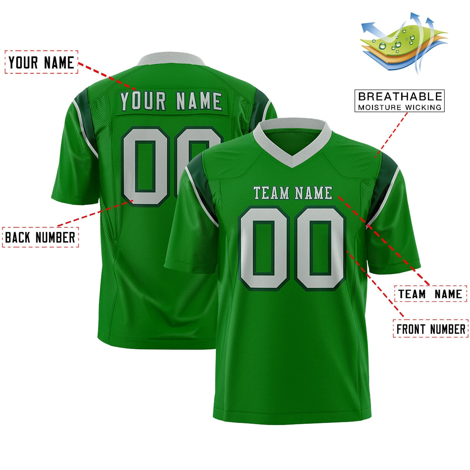 Custom Kelly Green Navy Personalized Shoulder Cut Two-Tone Flag Football Jersey