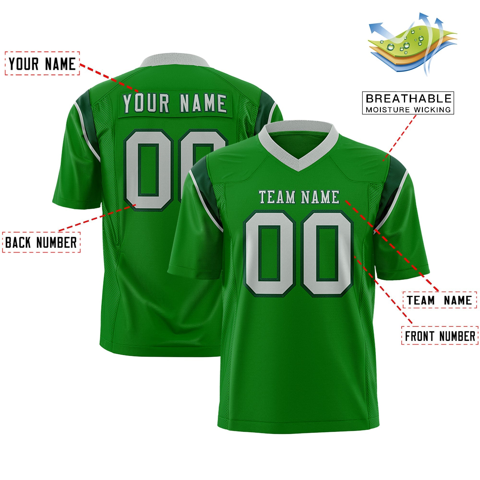 Custom Kelly Green Navy Personalized Shoulder Cut Two-Tone Flag Football Jersey