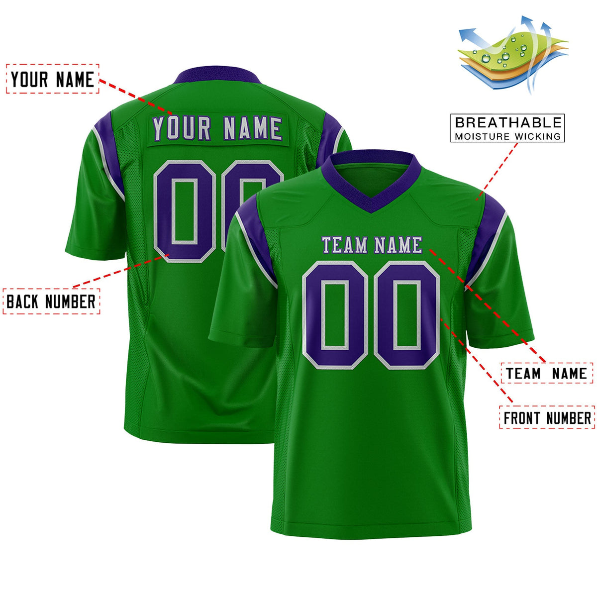Custom Kelly Green Purple Personalized Shoulder Cut Two-Tone Flag Football Jersey