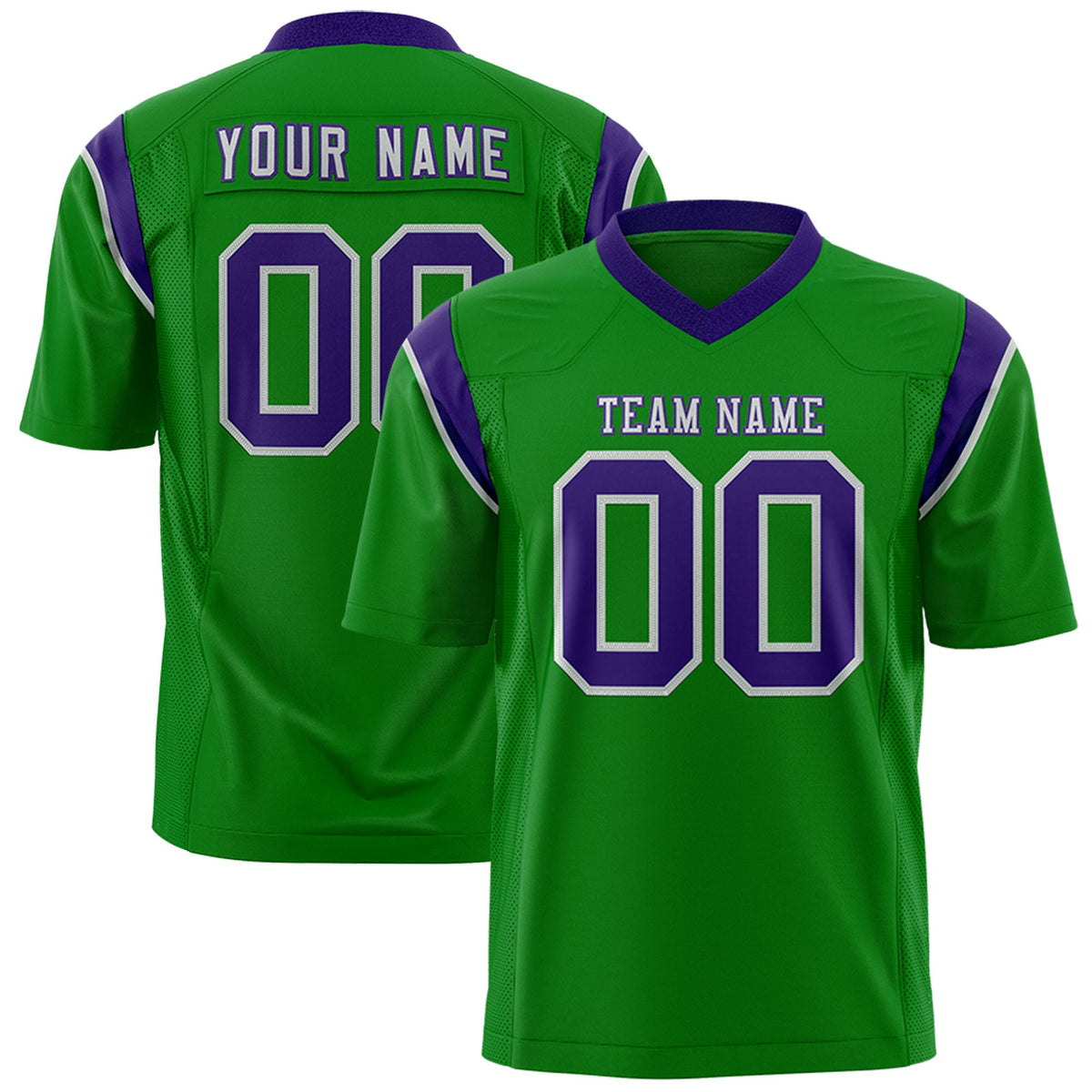 Custom Kelly Green Purple Personalized Shoulder Cut Two-Tone Flag Football Jersey