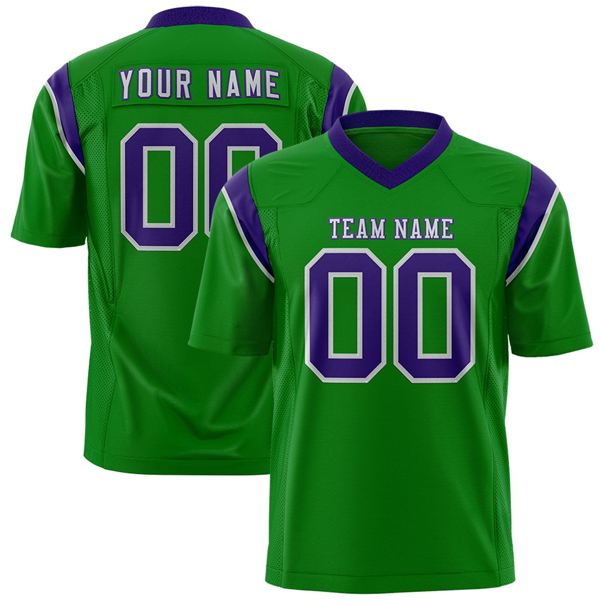 Custom Kelly Green Purple Personalized Shoulder Cut Two-Tone Flag Football Jersey