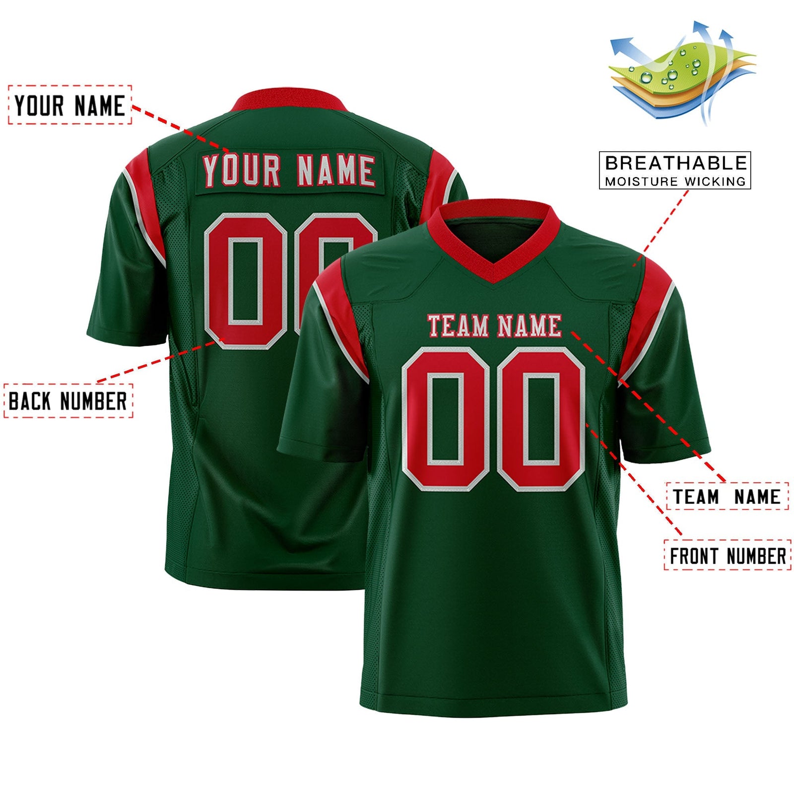 Custom Green Red Personalized Shoulder Cut Two-Tone Flag Football Jersey