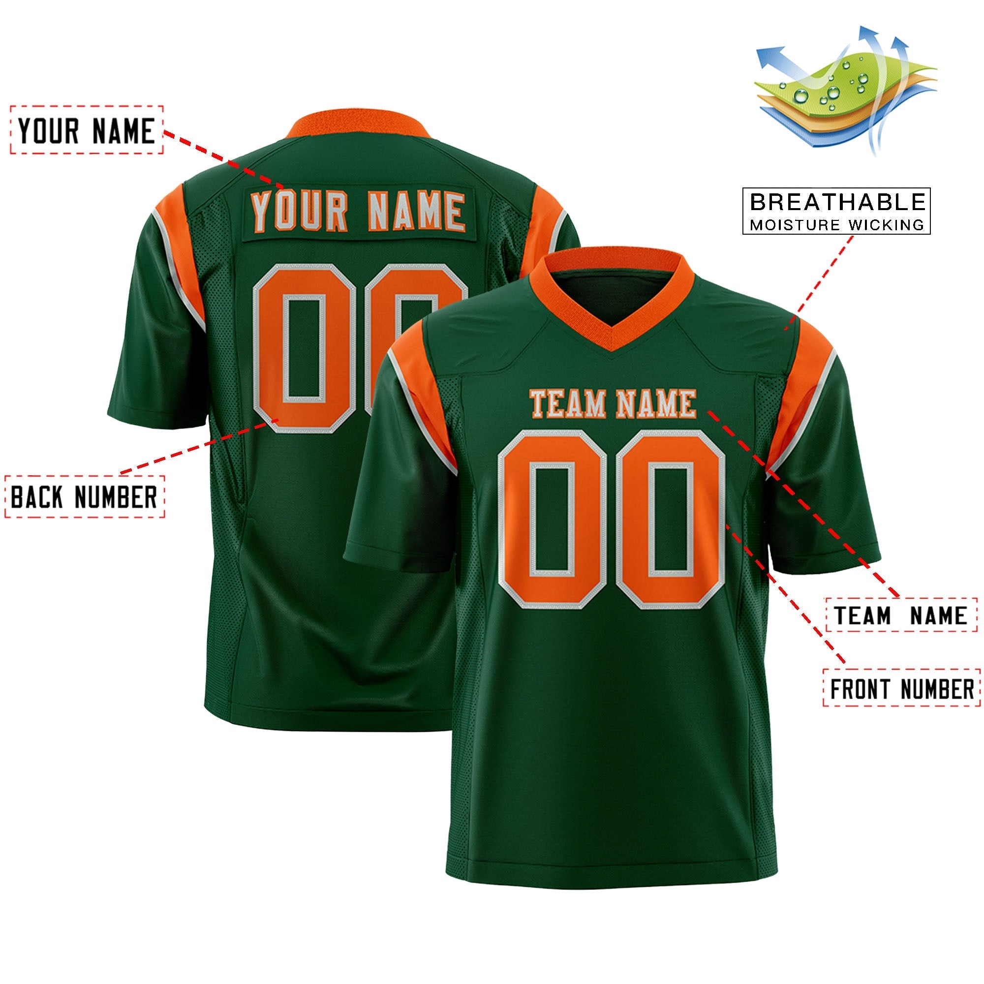 Custom Green Orange Personalized Shoulder Cut Two-Tone Flag Football Jersey