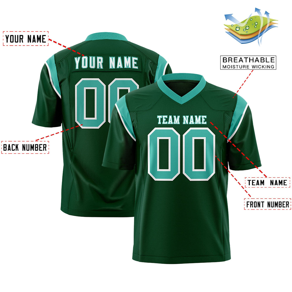 Custom Green Aqua Personalized Shoulder Cut Two-Tone Flag Football Jersey