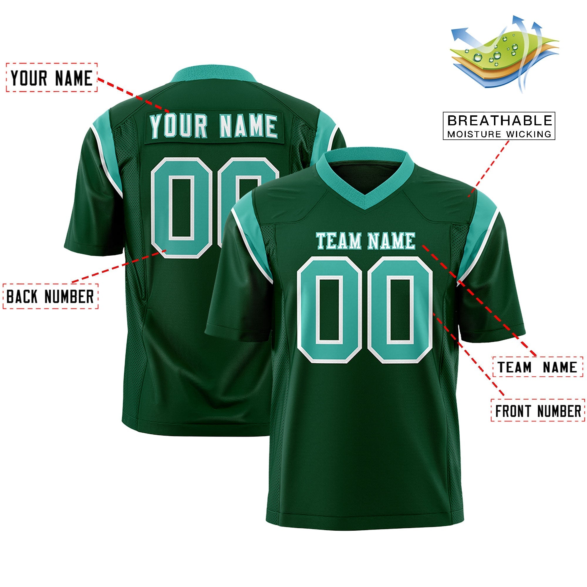 Custom Green Aqua Personalized Shoulder Cut Two-Tone Flag Football Jersey