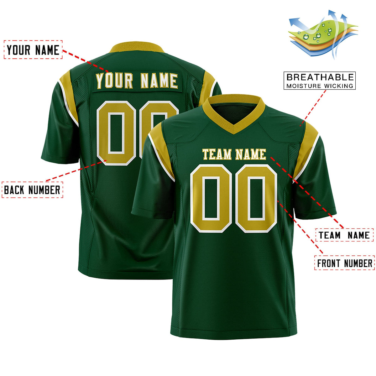 Custom Green Old Gold Personalized Shoulder Cut Two-Tone Flag Football Jersey