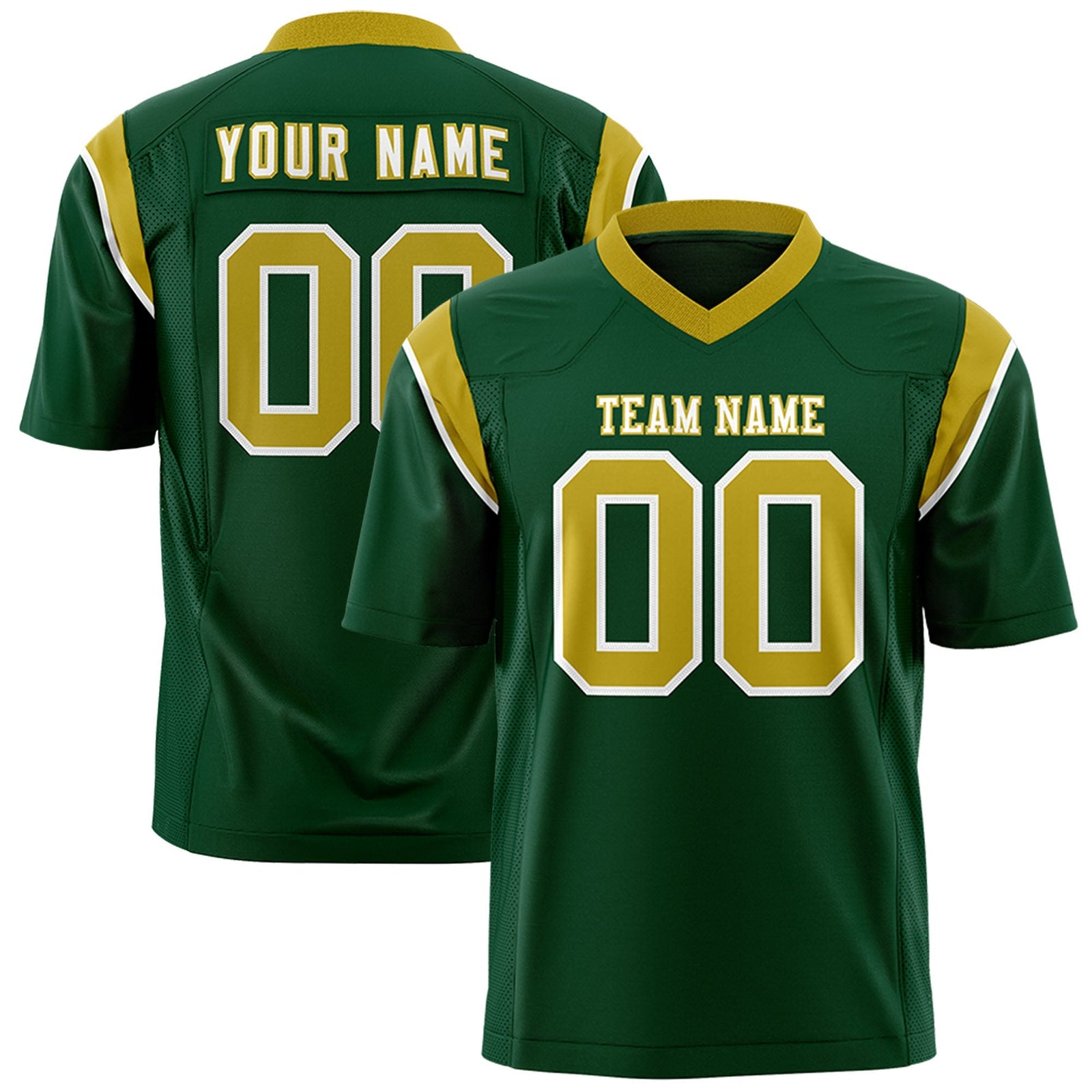 Custom Green Old Gold Personalized Shoulder Cut Two-Tone Flag Football Jersey