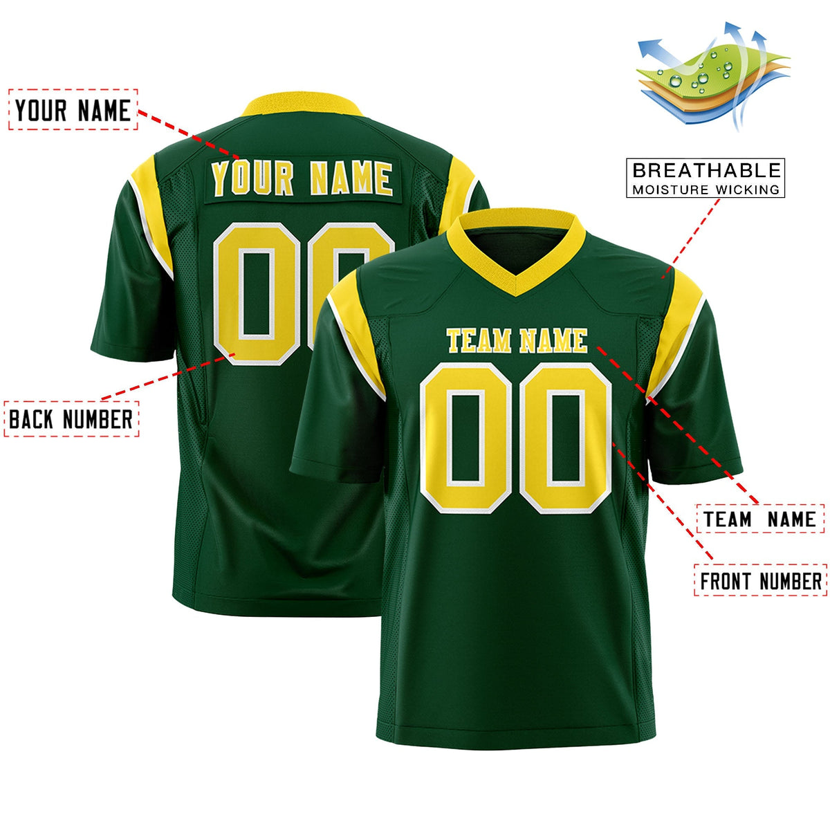 Custom Green Gold Personalized Shoulder Cut Two-Tone Flag Football Jersey