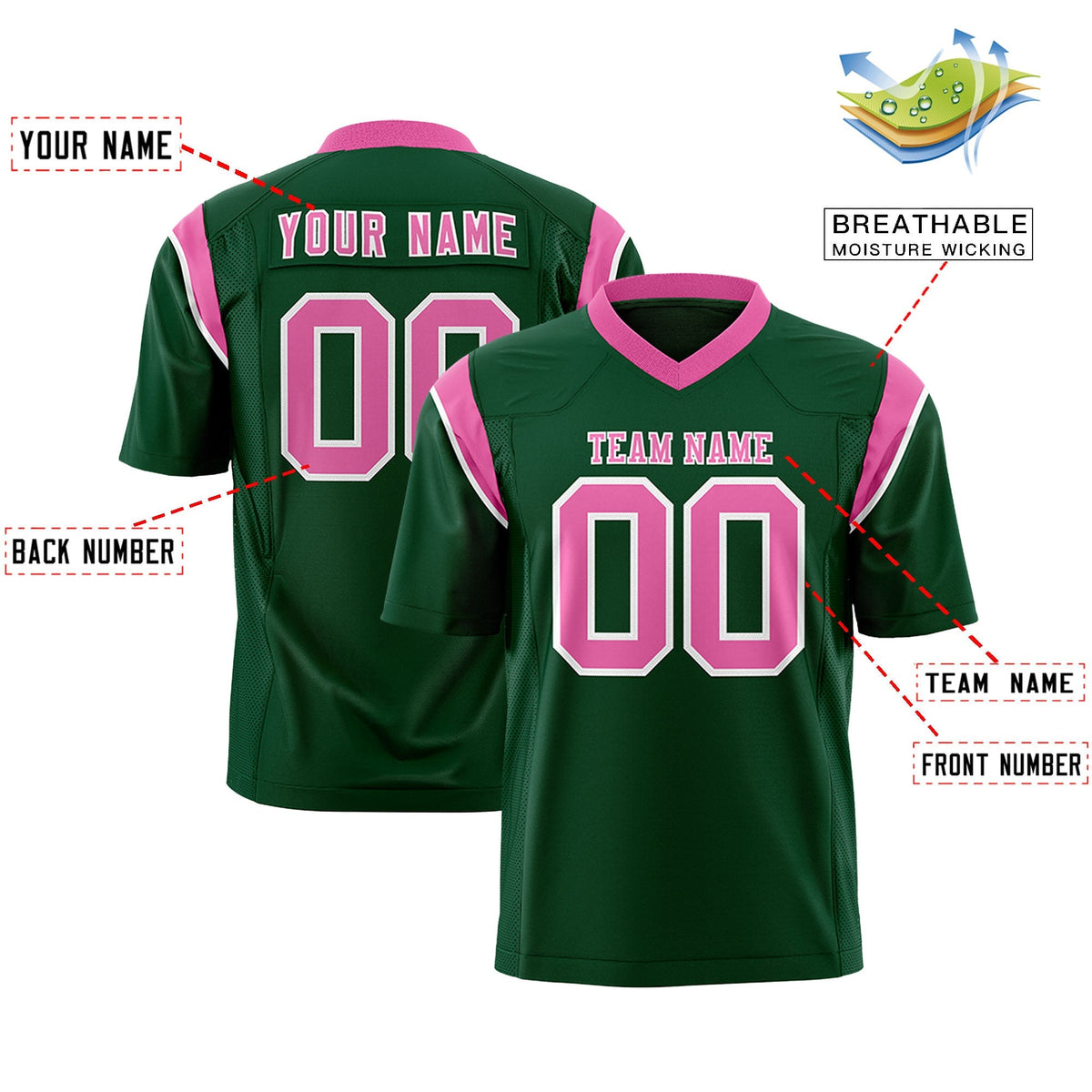 Custom Green Pink Personalized Shoulder Cut Two-Tone Flag Football Jersey