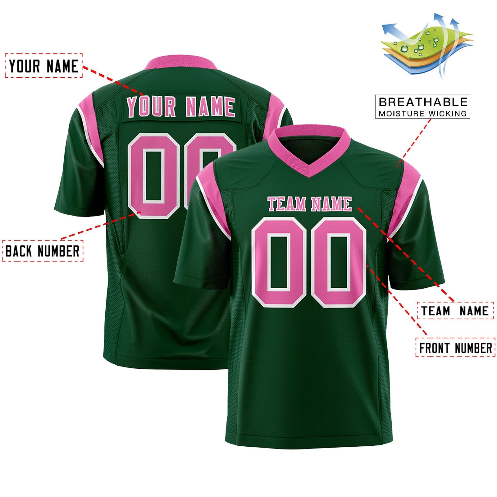 Custom Green Pink Personalized Shoulder Cut Two-Tone Flag Football Jersey