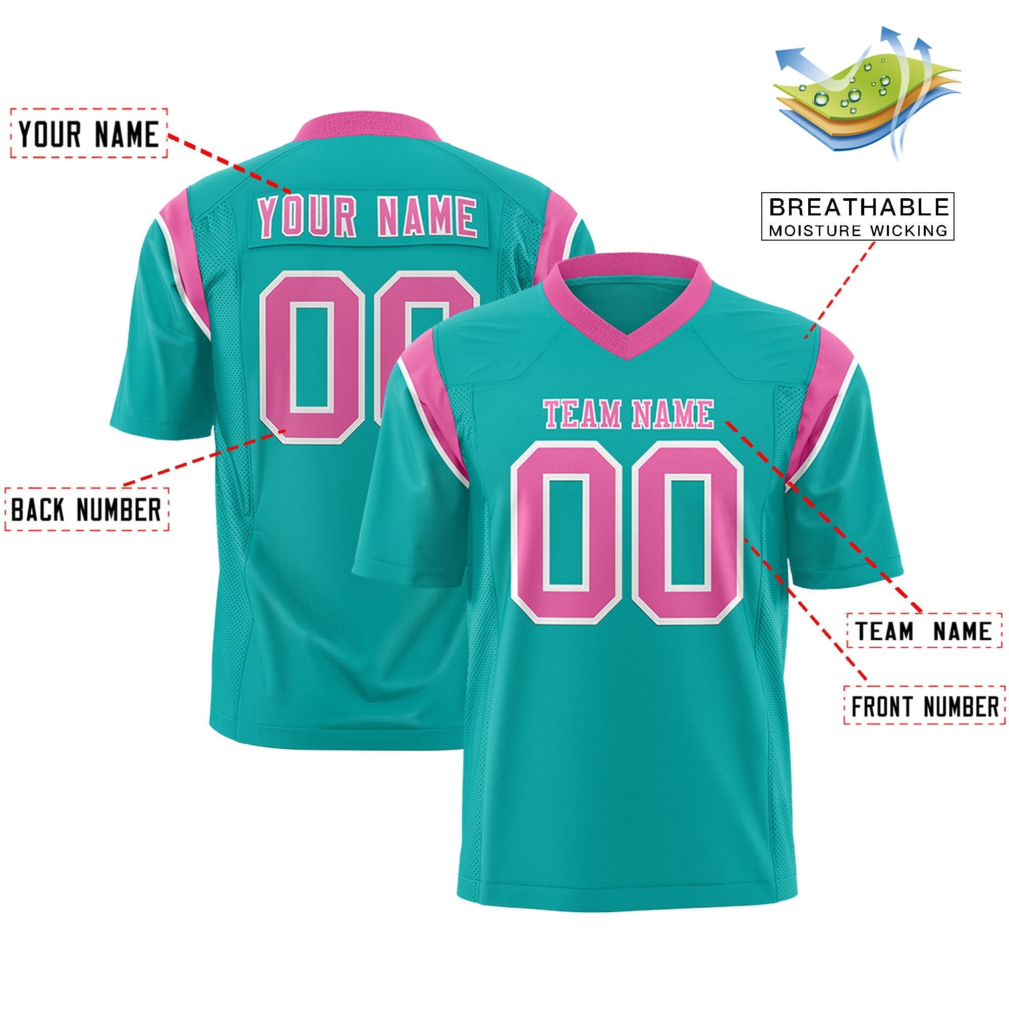 Custom Aqua Pink Personalized Shoulder Cut Two-Tone Flag Football Jersey