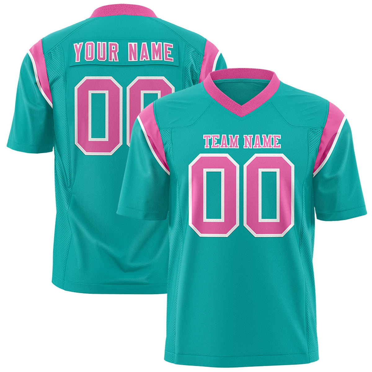 Custom Aqua Pink Personalized Shoulder Cut Two-Tone Flag Football Jersey