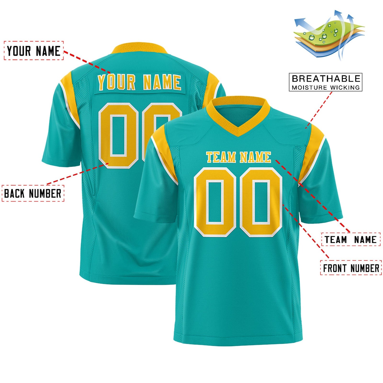 Custom Aqua Gold Personalized Shoulder Cut Two-Tone Flag Football Jersey
