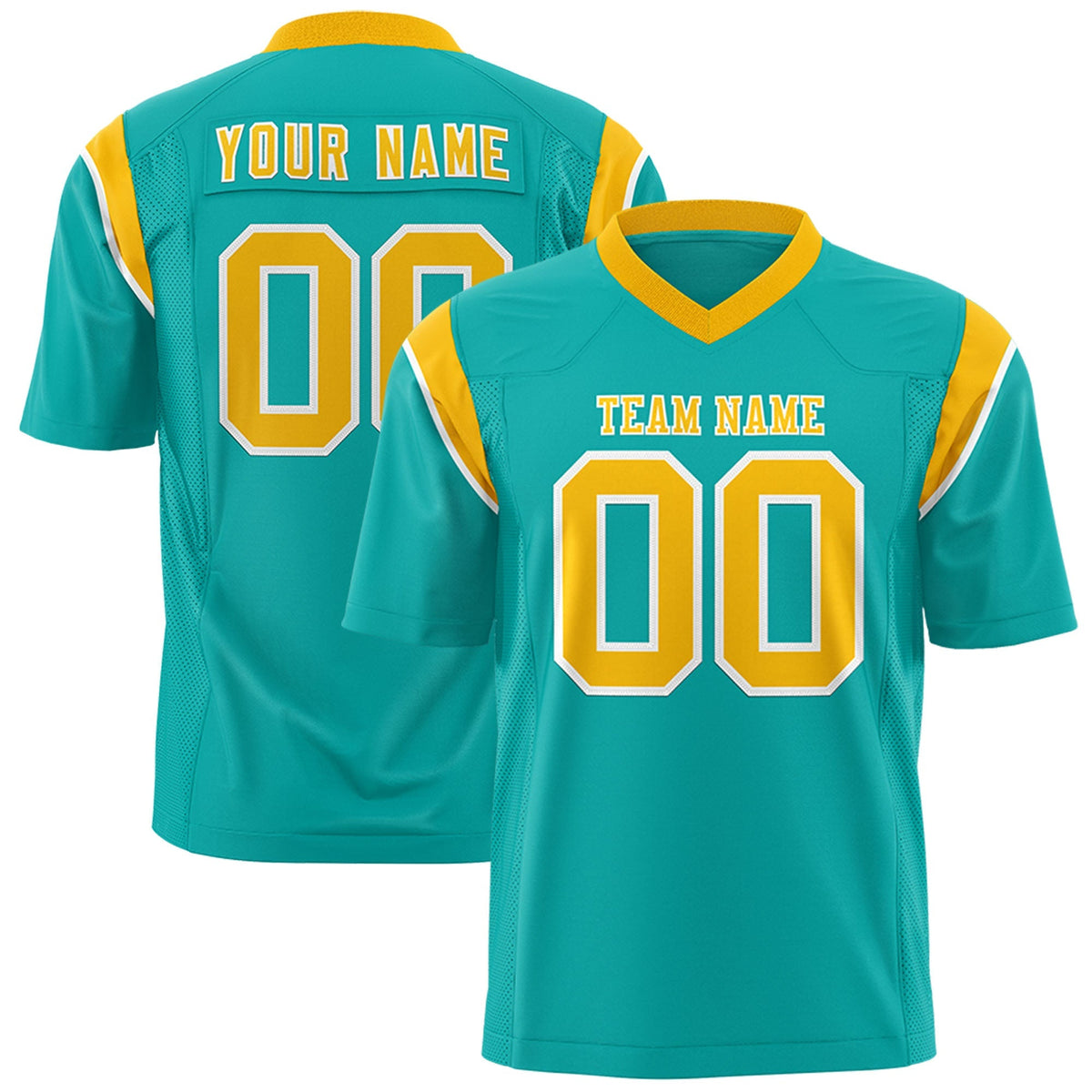Custom Aqua Gold Personalized Shoulder Cut Two-Tone Flag Football Jersey