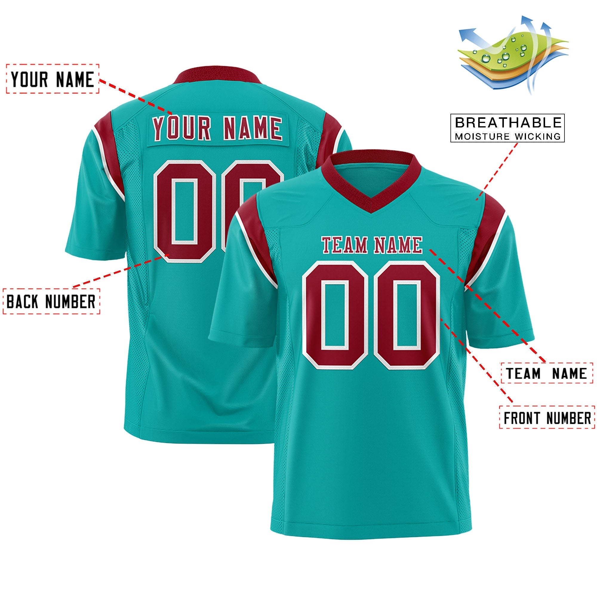 Custom Aqua Cardinal Personalized Shoulder Cut Two-Tone Flag Football Jersey