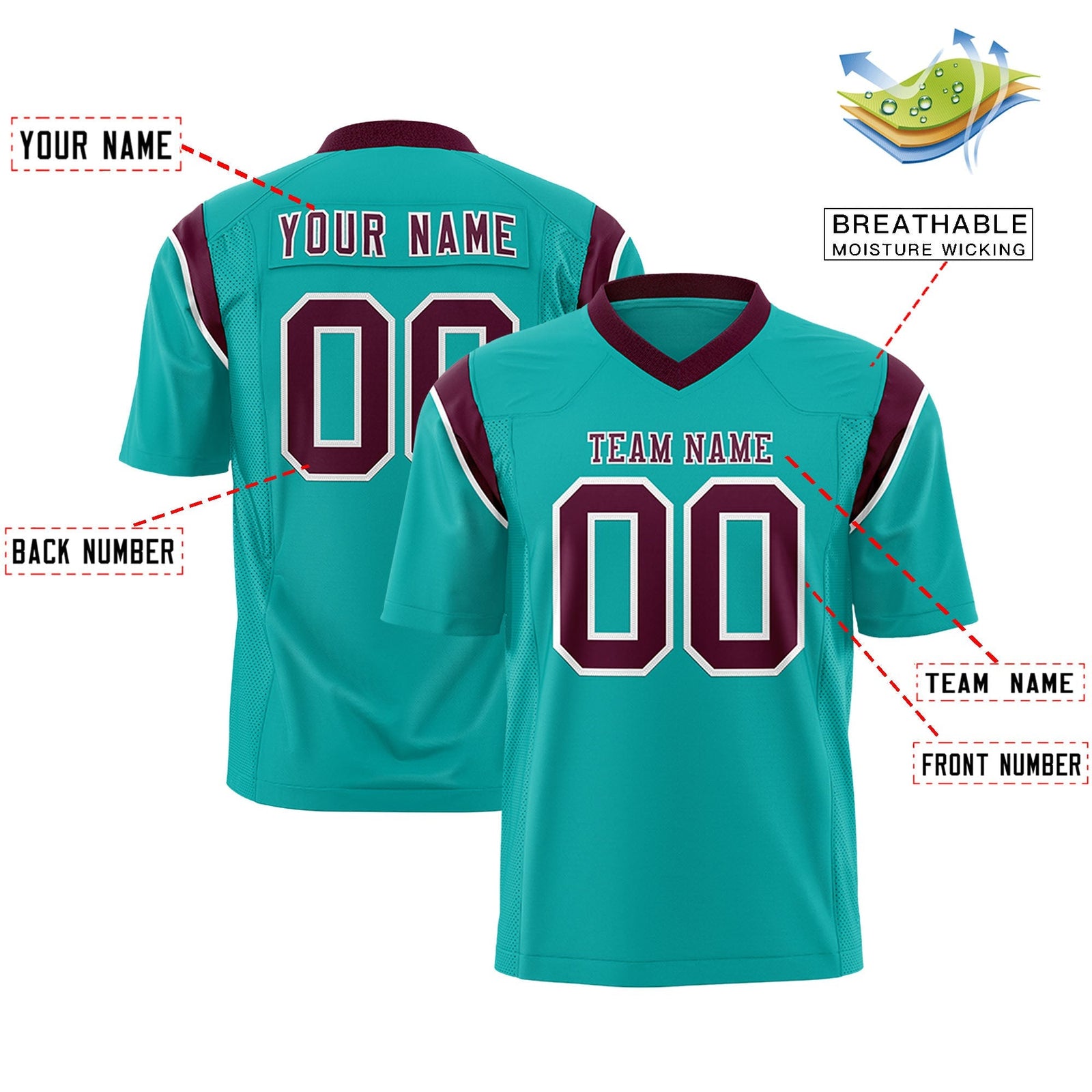 Custom Aqua Crimson Personalized Shoulder Cut Two-Tone Flag Football Jersey
