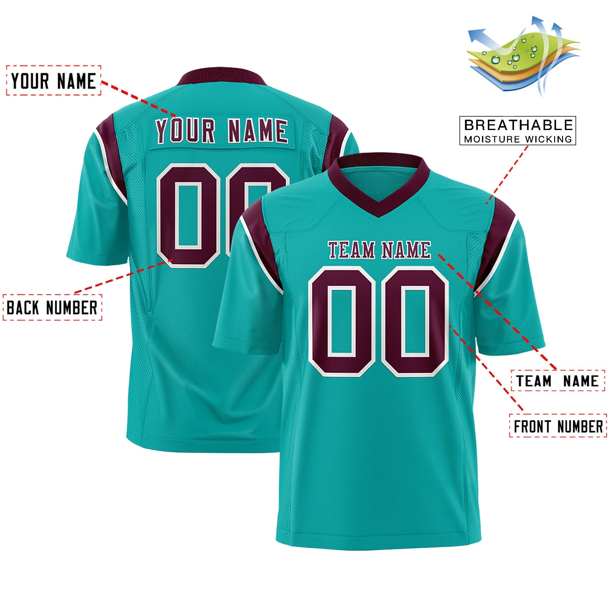 Custom Aqua Crimson Personalized Shoulder Cut Two-Tone Flag Football Jersey