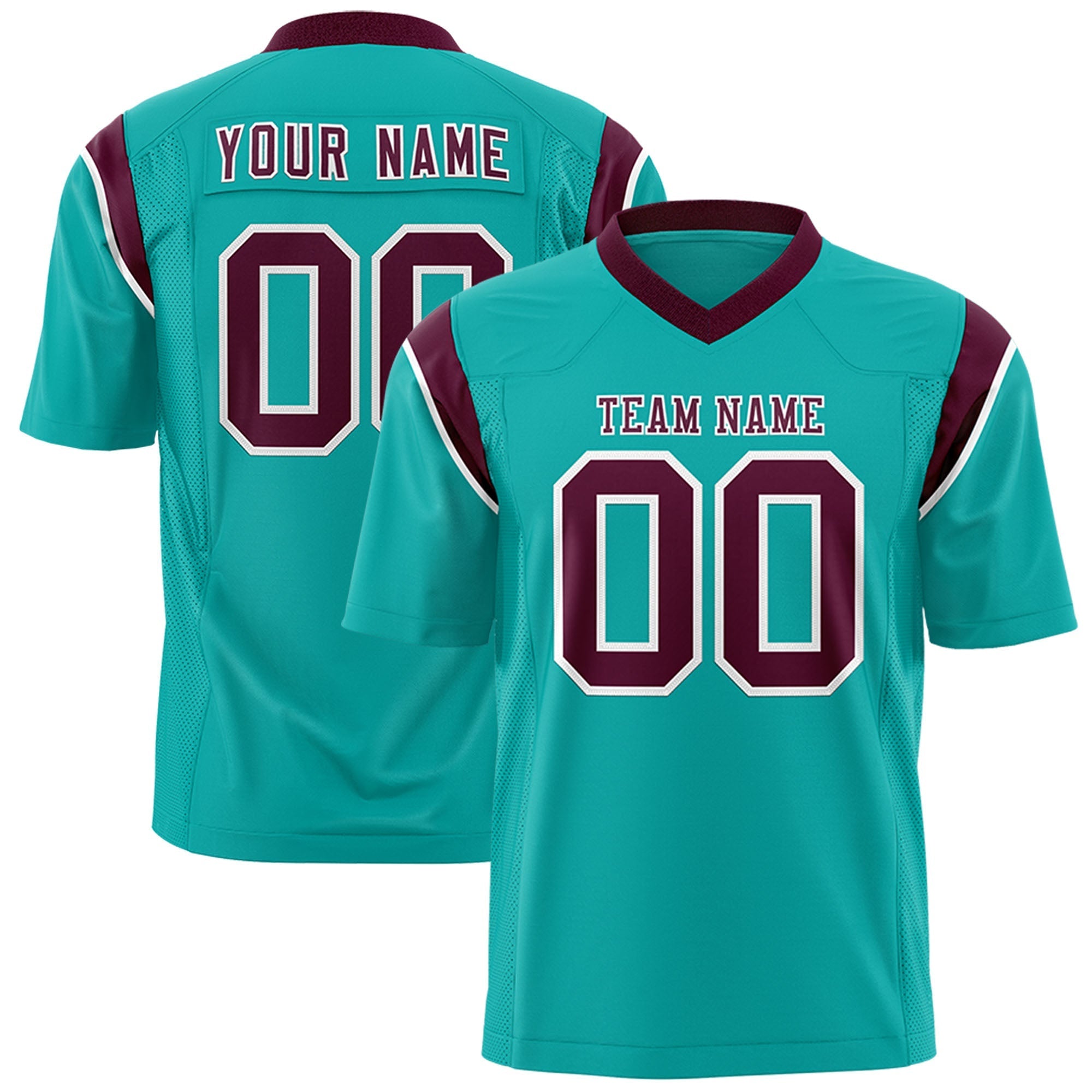 Custom Aqua Crimson Personalized Shoulder Cut Two-Tone Flag Football Jersey