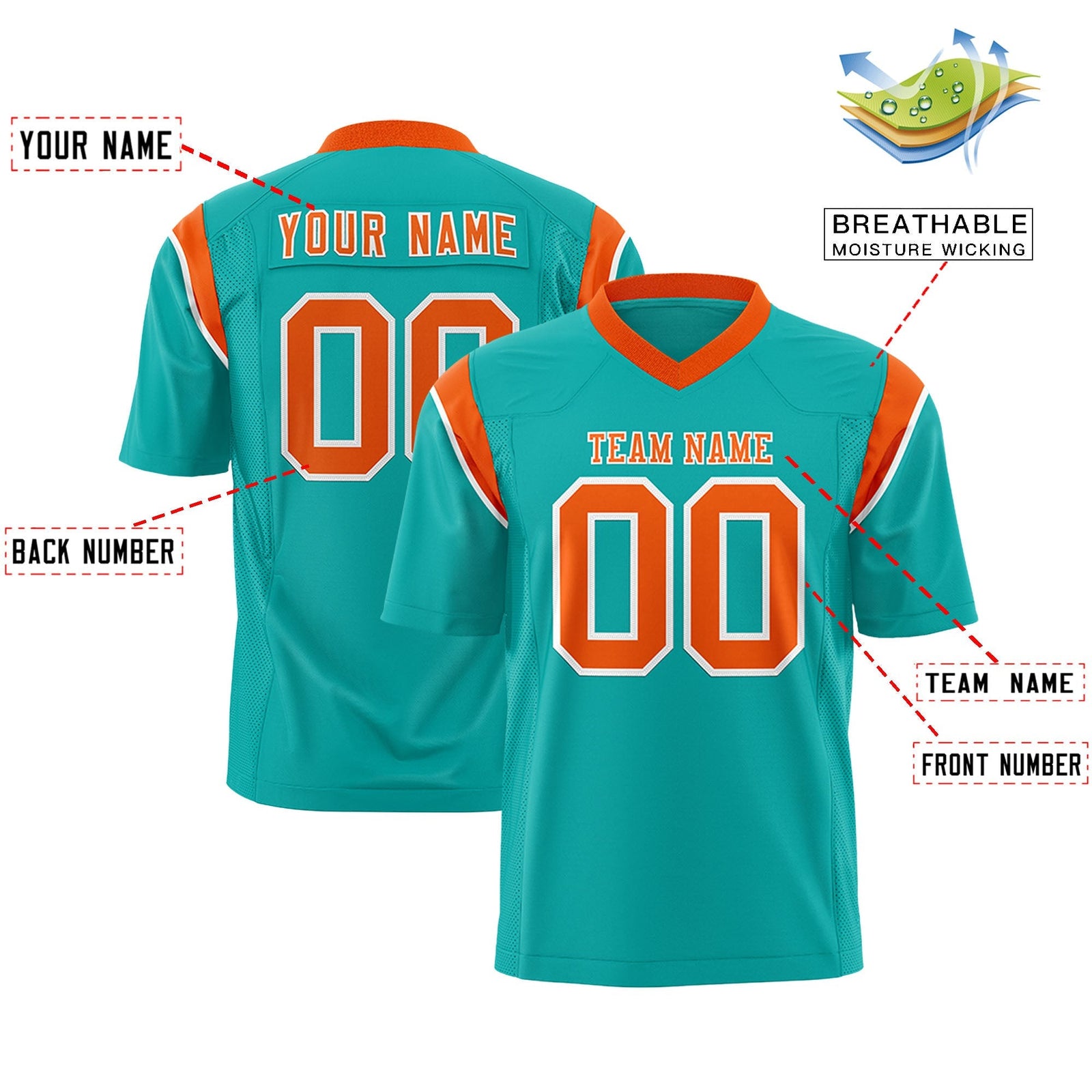 Custom Aqua Orange Personalized Shoulder Cut Two-Tone Flag Football Jersey