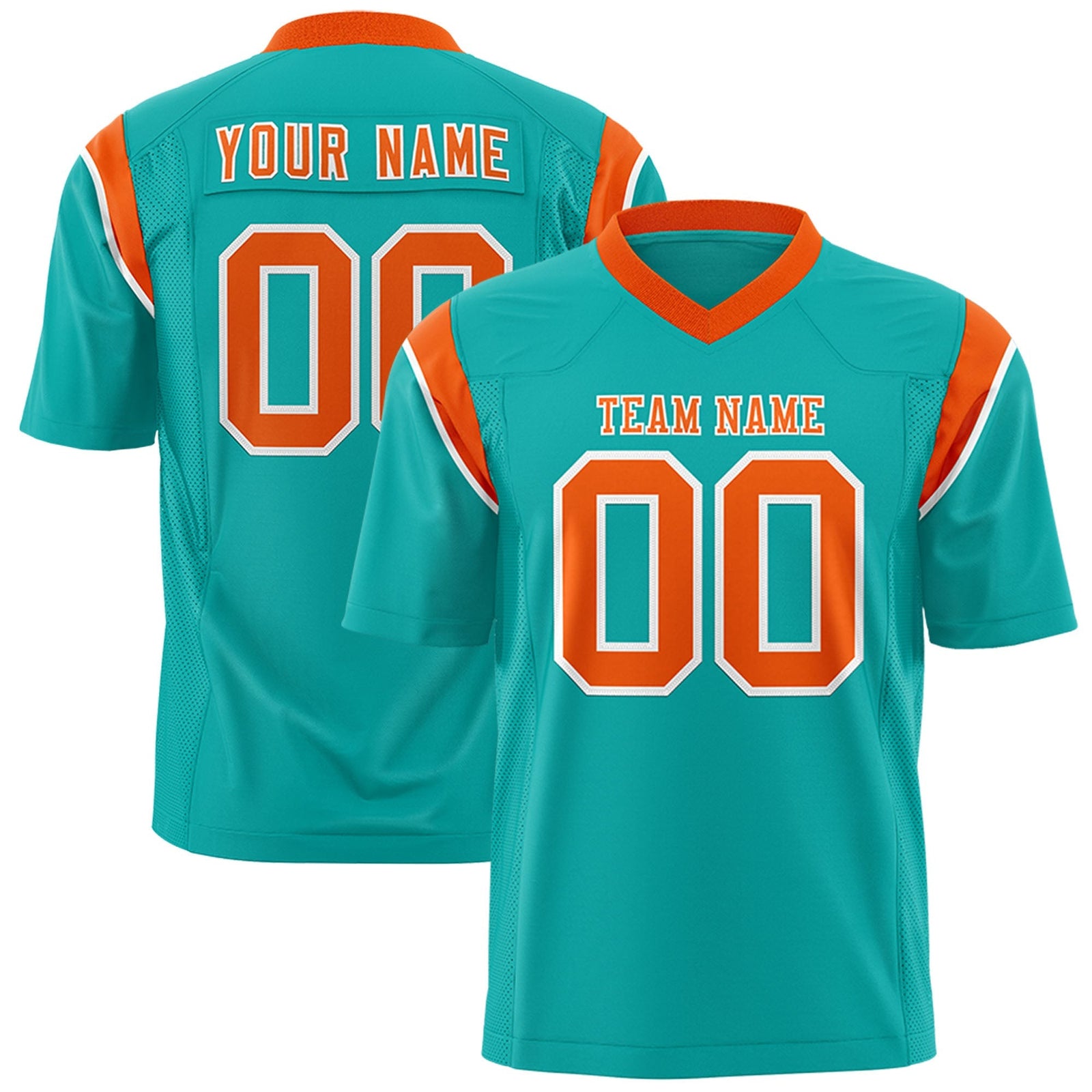Custom Aqua Orange Personalized Shoulder Cut Two-Tone Flag Football Jersey