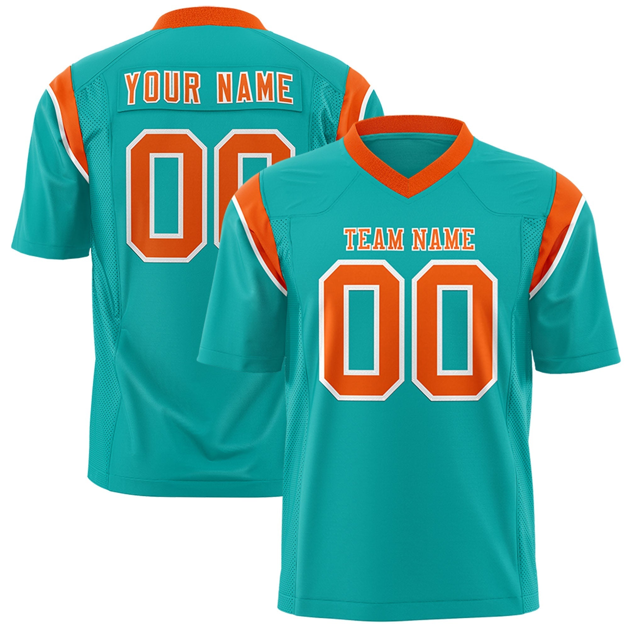 Custom Aqua Orange Personalized Shoulder Cut Two-Tone Flag Football Jersey