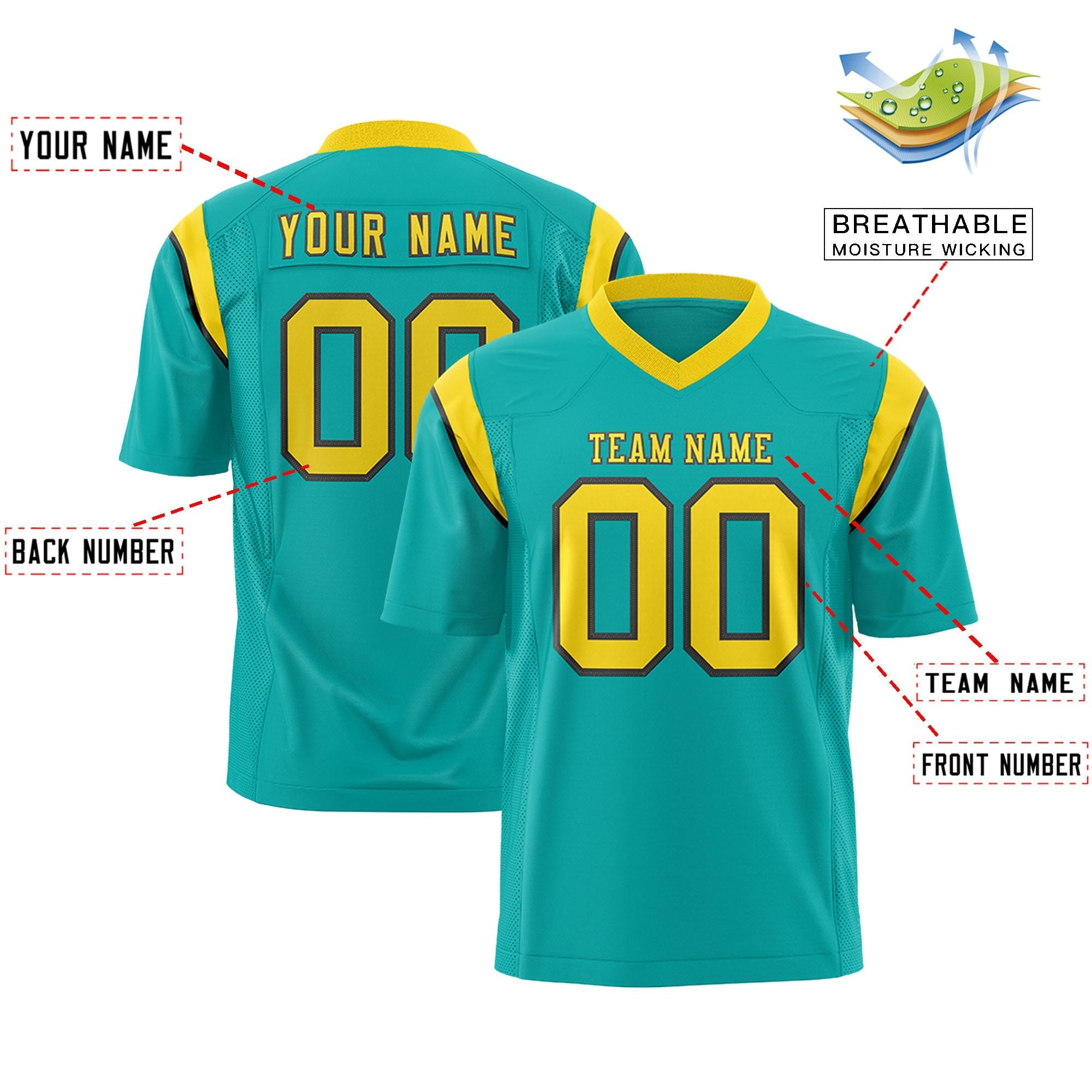 Custom Aqua Gold Personalized Shoulder Cut Two-Tone Flag Football Jersey