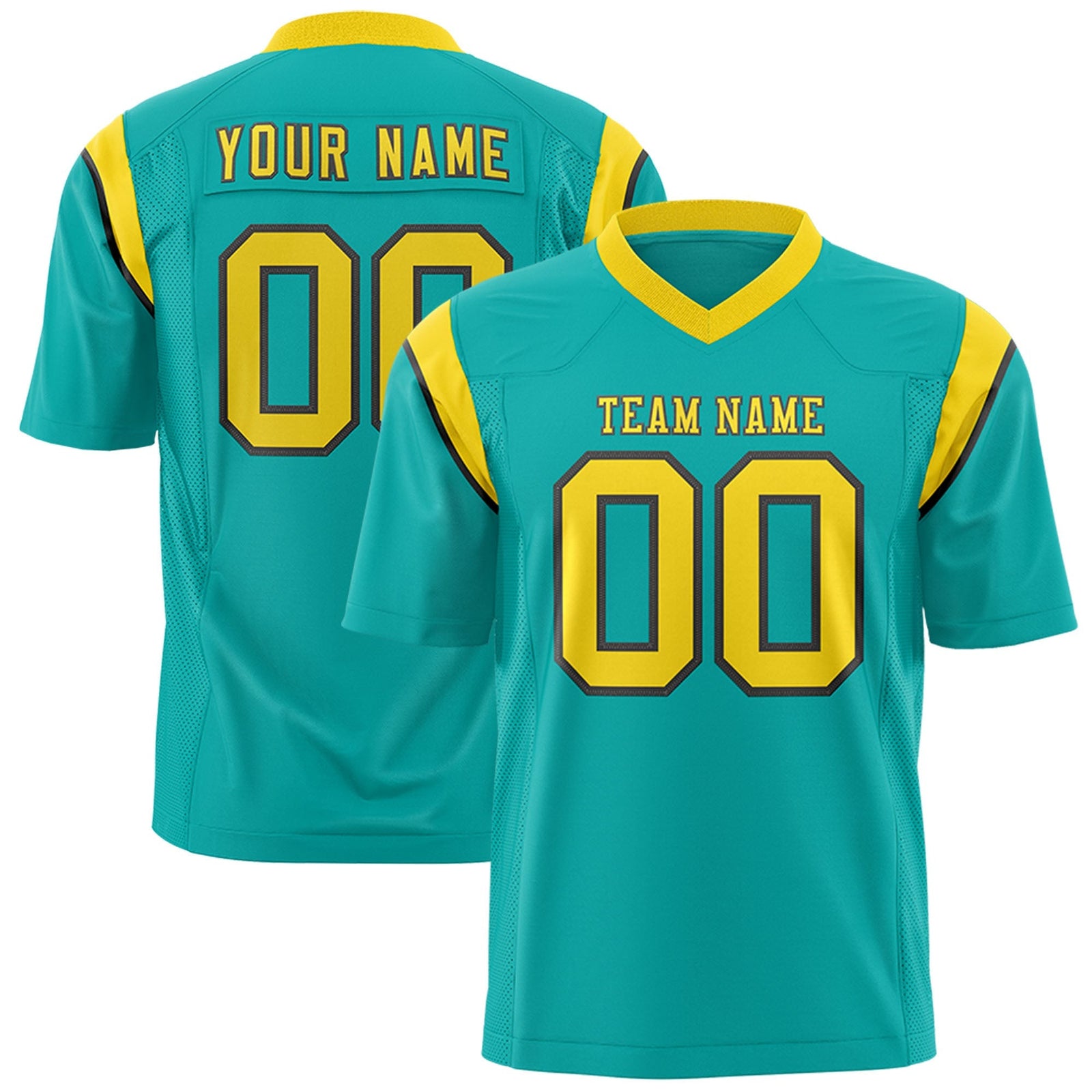 Custom Aqua Gold Personalized Shoulder Cut Two-Tone Flag Football Jersey