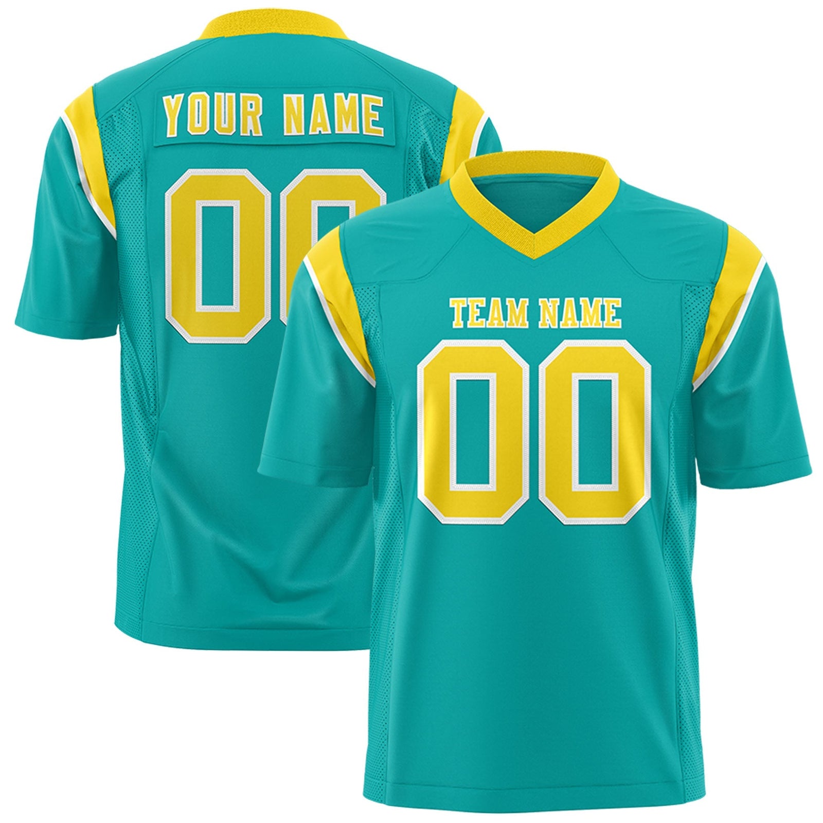 Custom Aqua Gold Personalized Shoulder Cut Two-Tone Flag Football Jersey