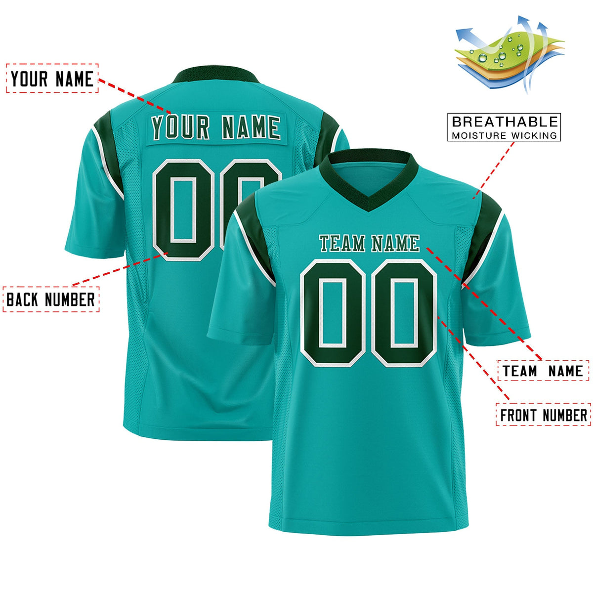 Custom Aqua Green Personalized Shoulder Cut Two-Tone Flag Football Jersey