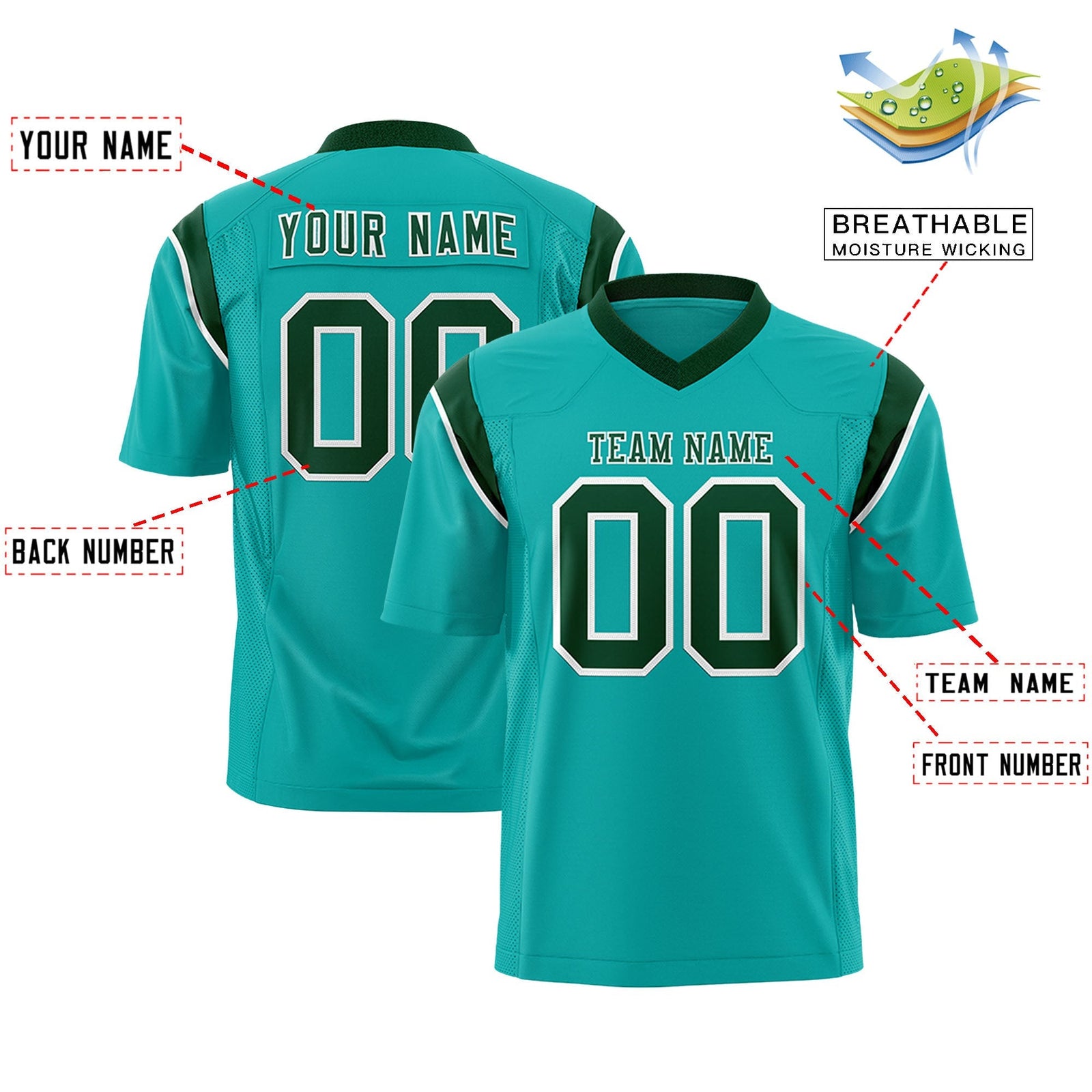 Custom Aqua Green Personalized Shoulder Cut Two-Tone Flag Football Jersey