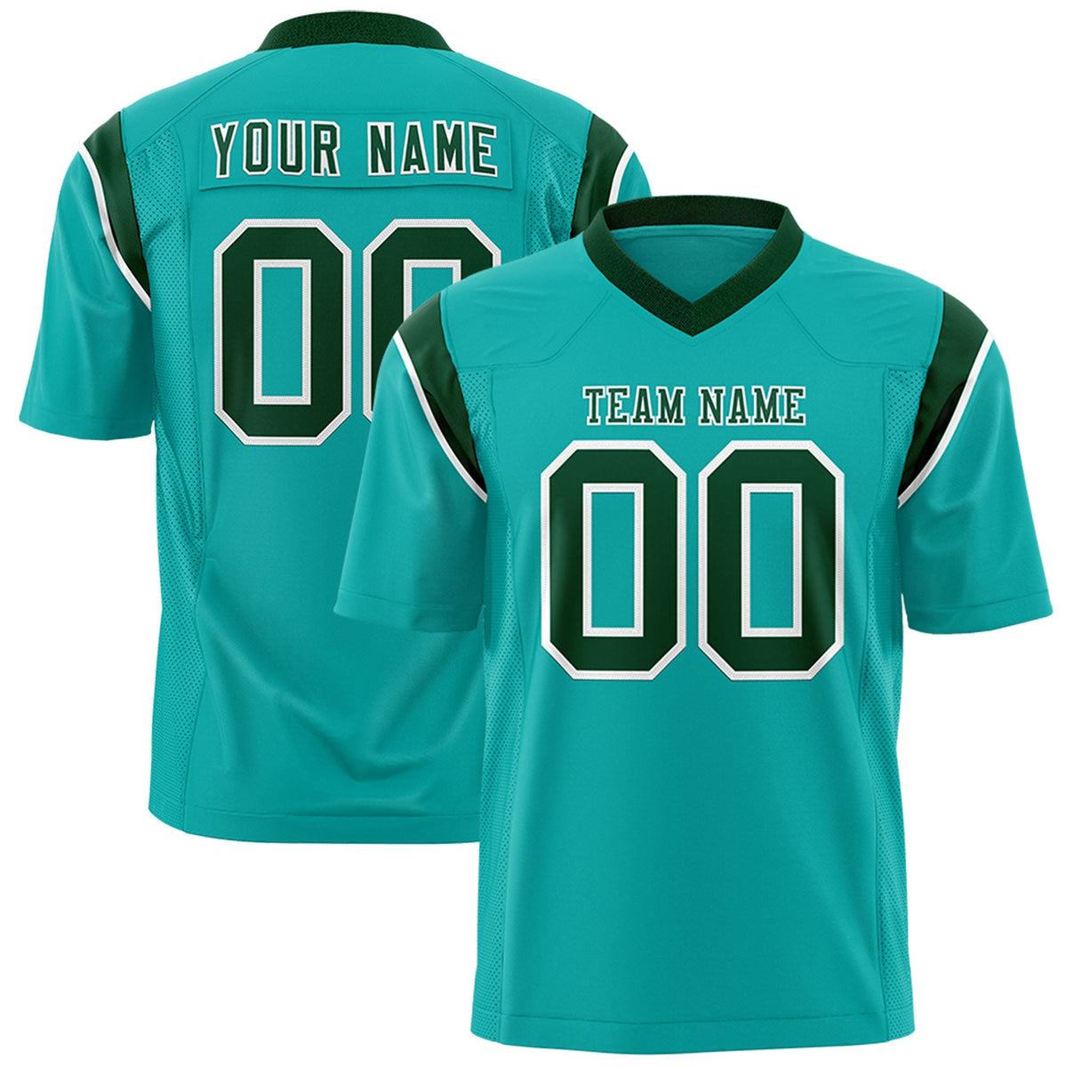 Custom Aqua Green Personalized Shoulder Cut Two-Tone Flag Football Jersey