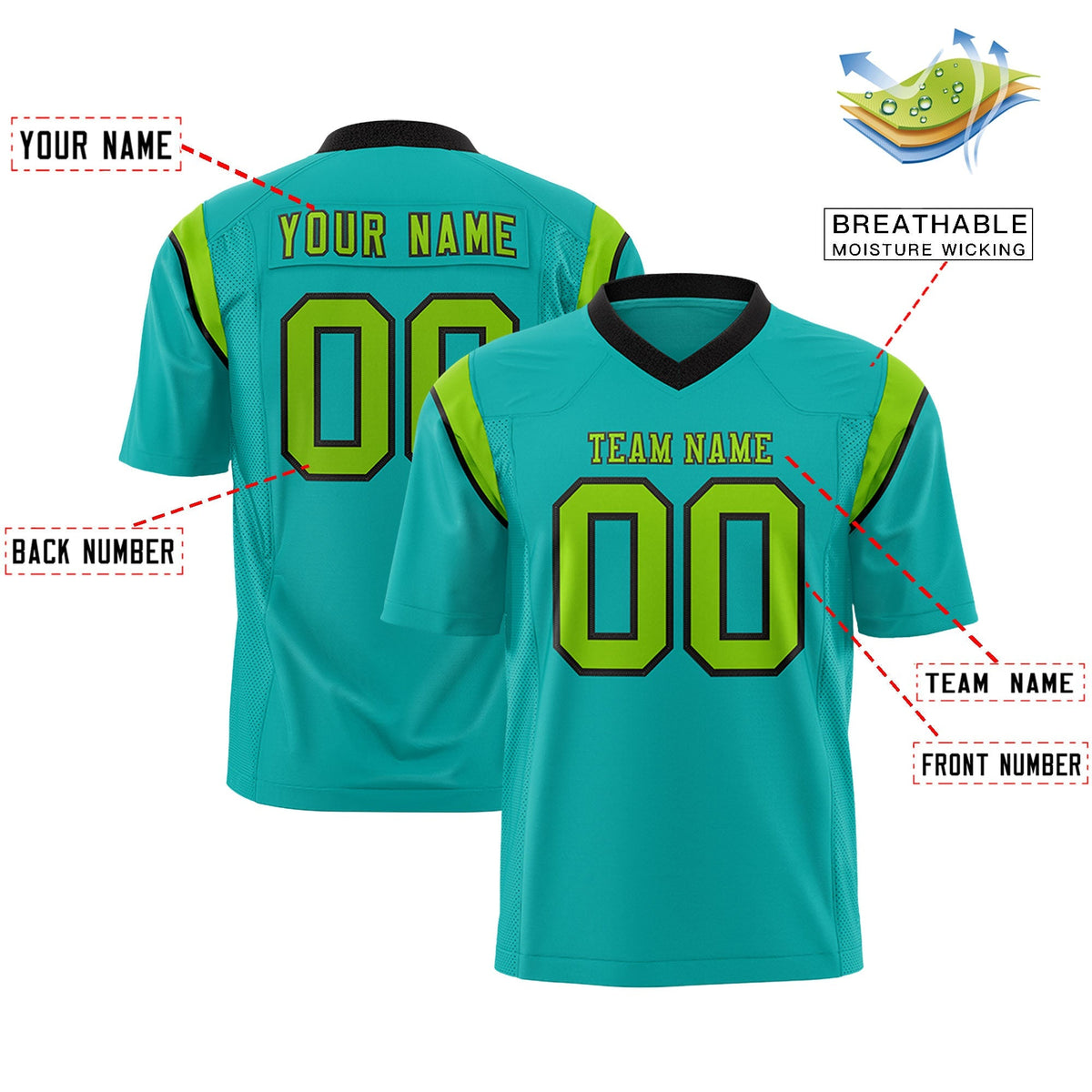 Custom Aqua Neon Green Personalized Shoulder Cut Two-Tone Flag Football Jersey