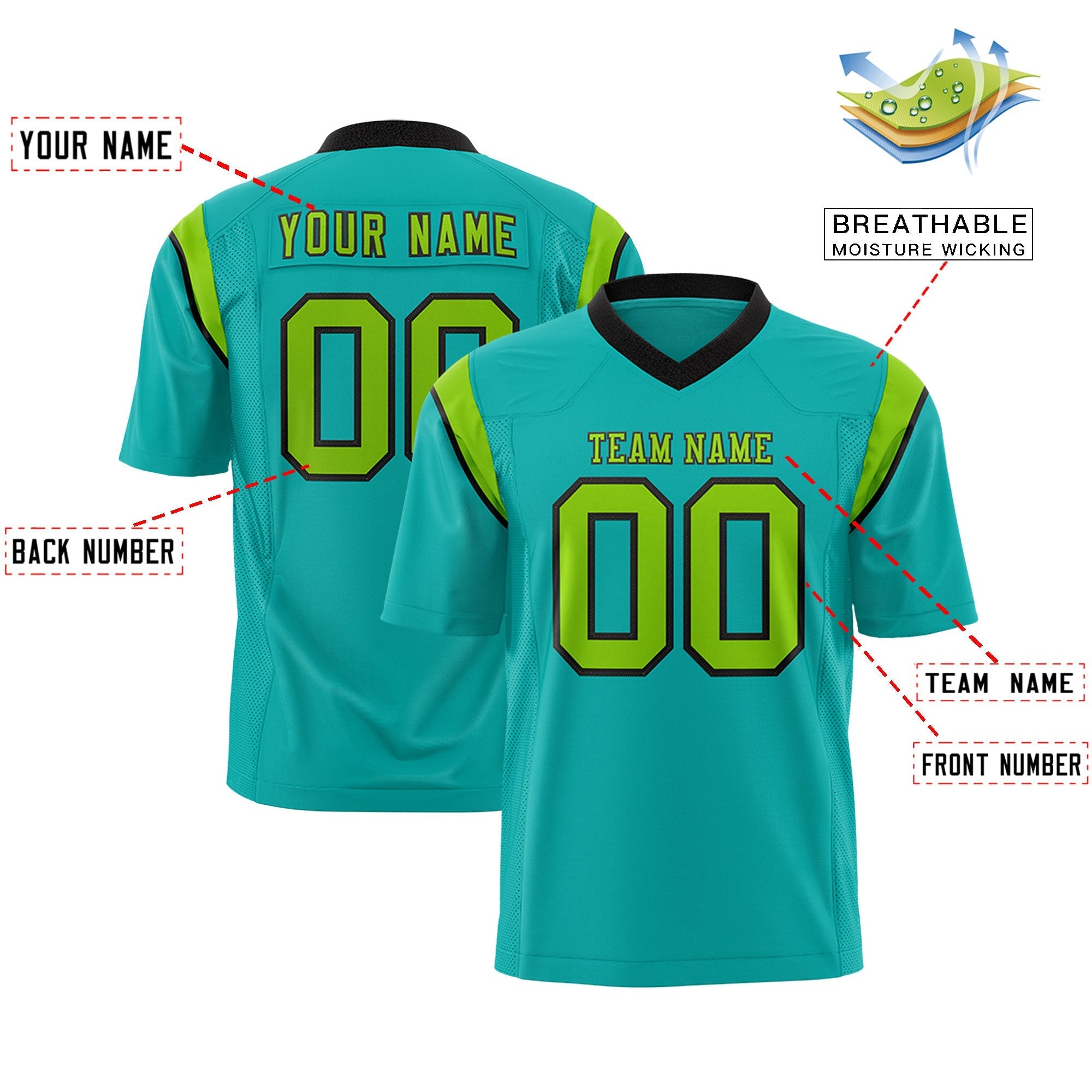 Custom Aqua Neon Green Personalized Shoulder Cut Two-Tone Flag Football Jersey