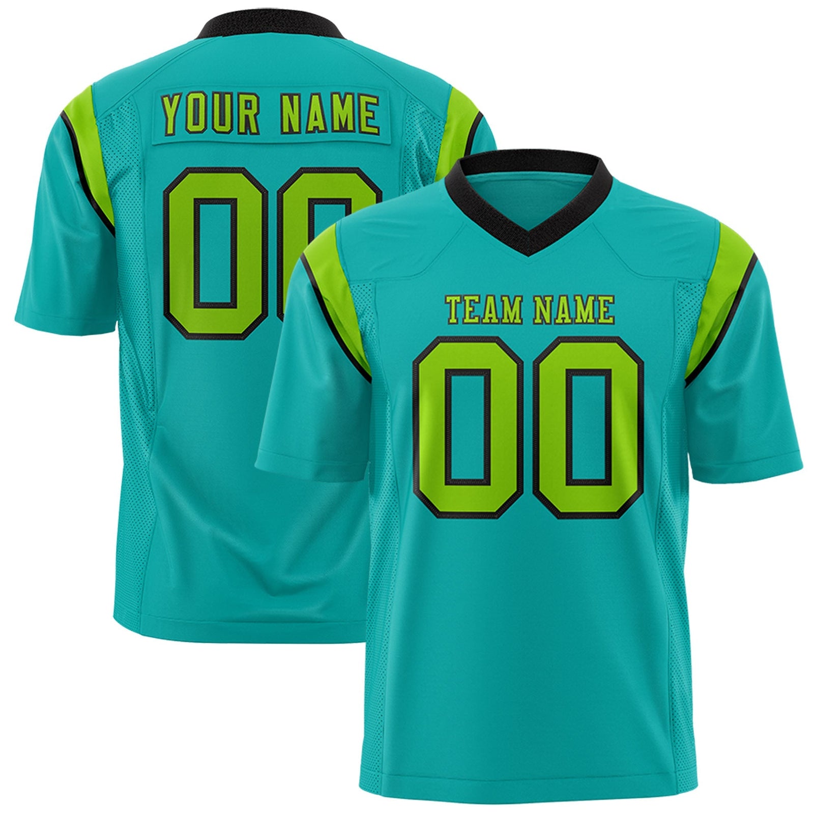 Custom Aqua Neon Green Personalized Shoulder Cut Two-Tone Flag Football Jersey