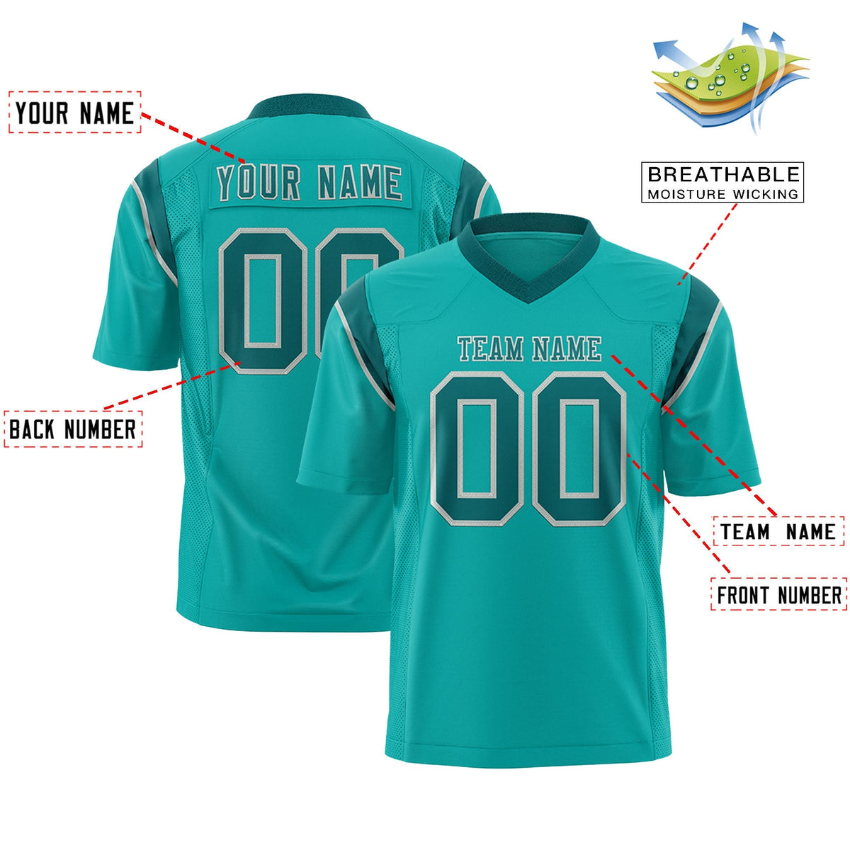 Custom Aqua Aqua Personalized Shoulder Cut Two-Tone Flag Football Jersey