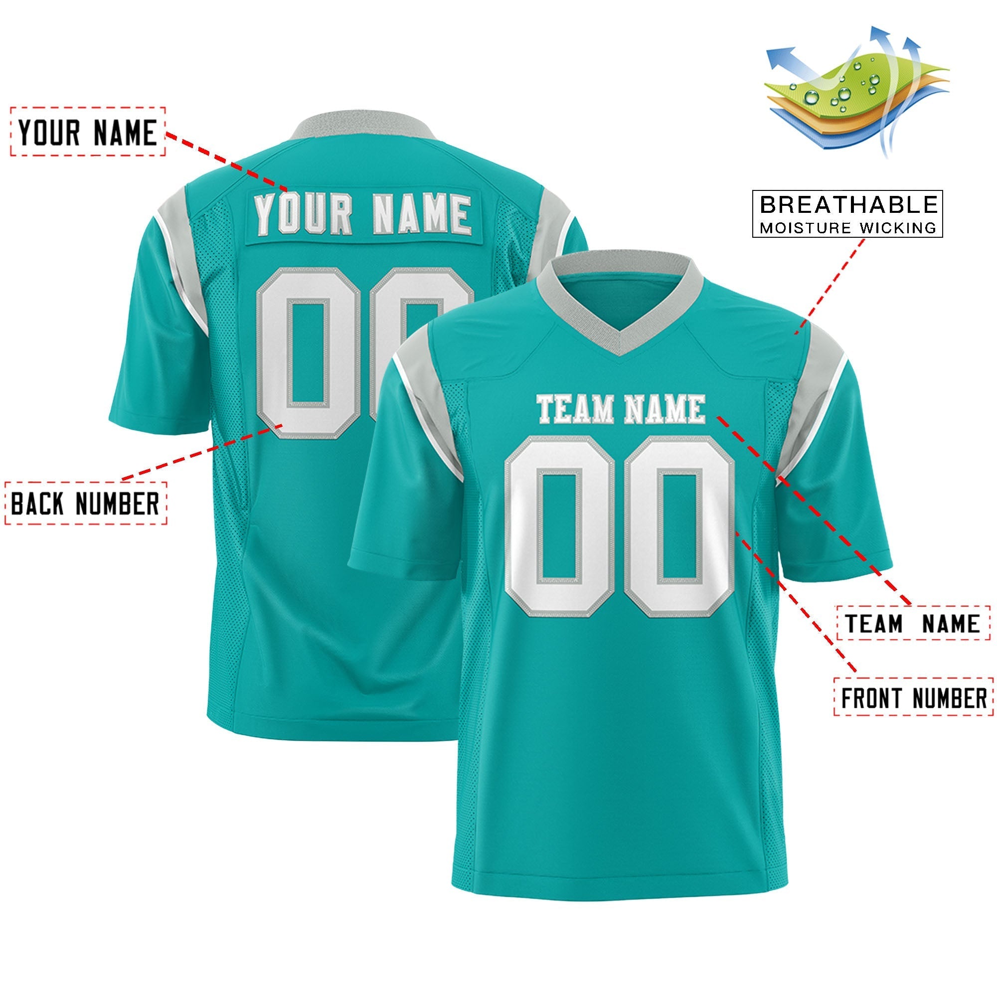 Custom Aqua White Personalized Shoulder Cut Two-Tone Flag Football Jersey