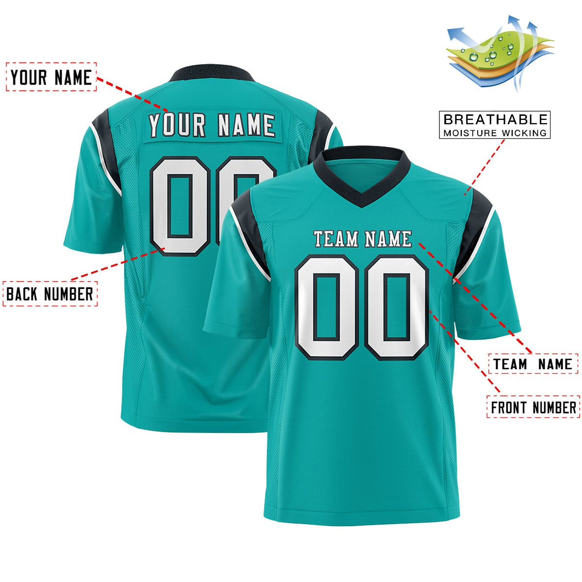 Custom Aqua Black Personalized Shoulder Cut Two-Tone Flag Football Jersey