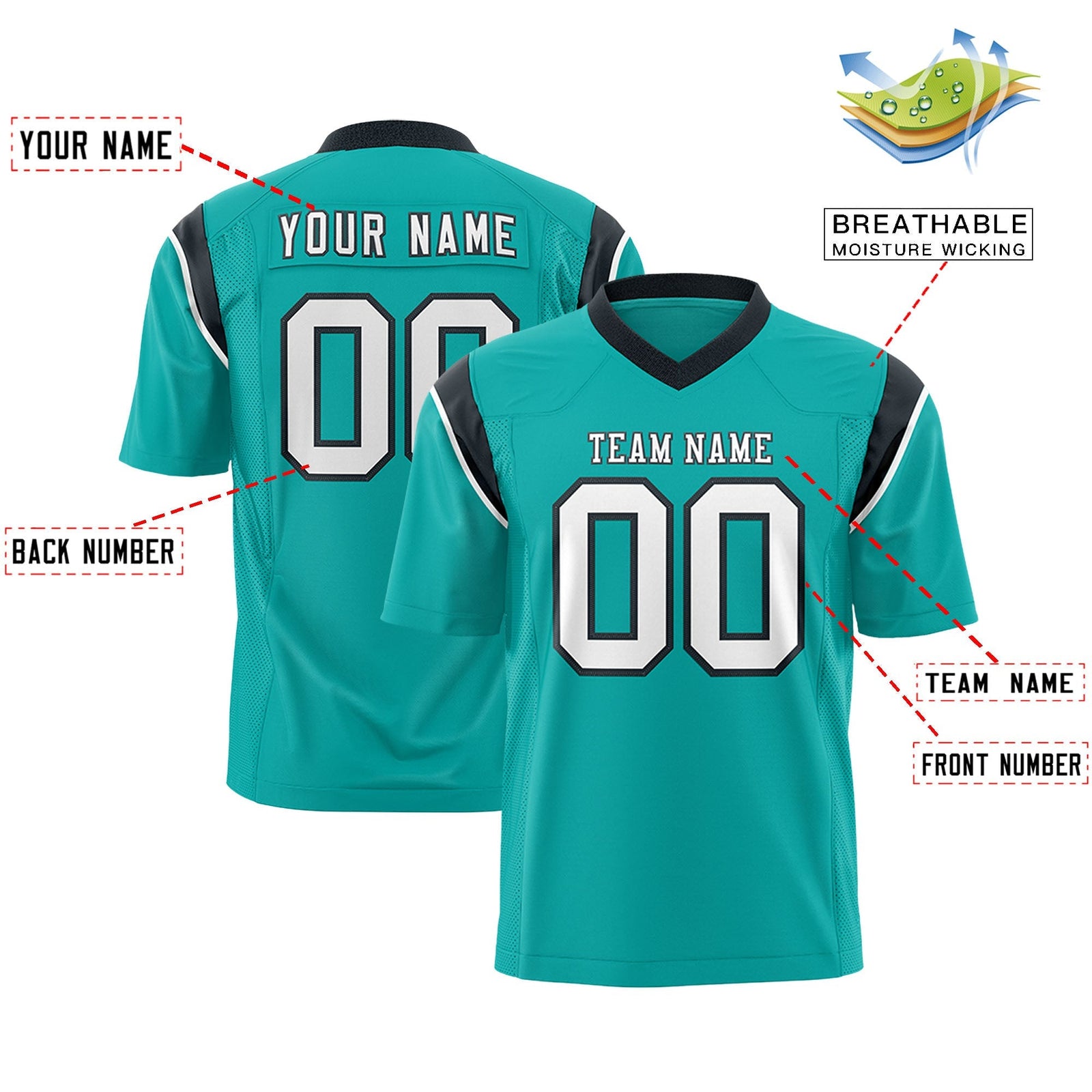 Custom Aqua Black Personalized Shoulder Cut Two-Tone Flag Football Jersey