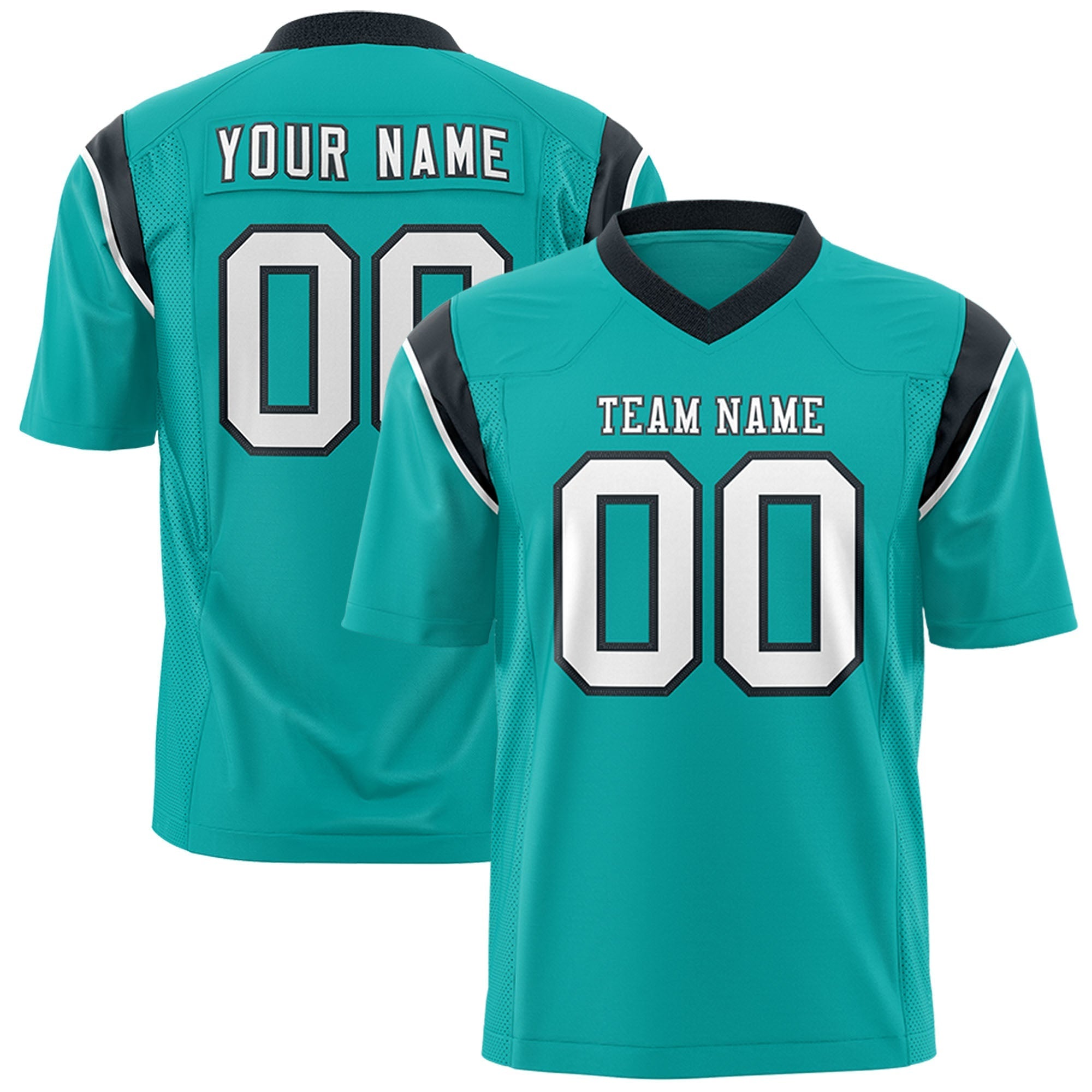 Custom Aqua Black Personalized Shoulder Cut Two-Tone Flag Football Jersey