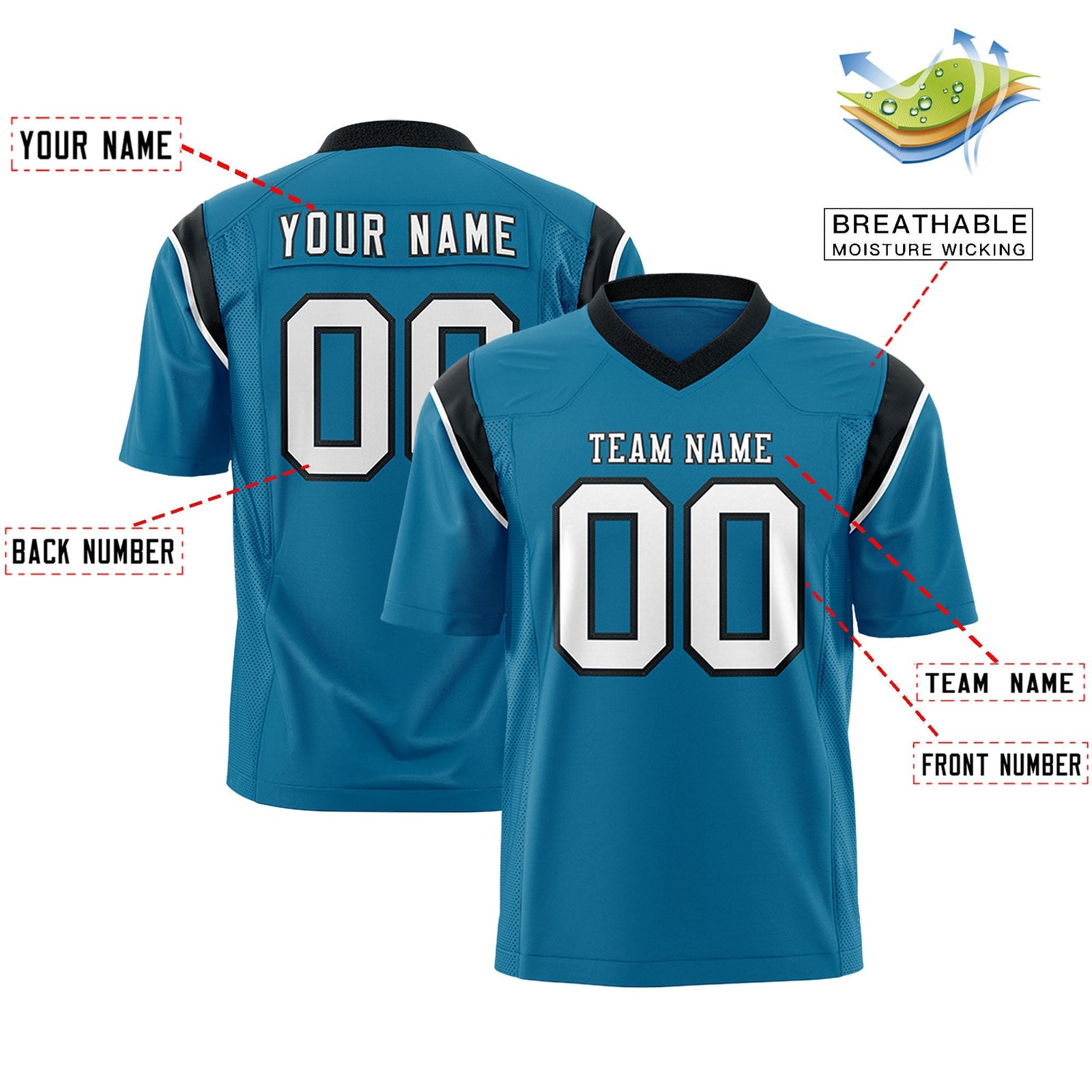 Custom Aqua Black Personalized Shoulder Cut Two-Tone Flag Football Jersey