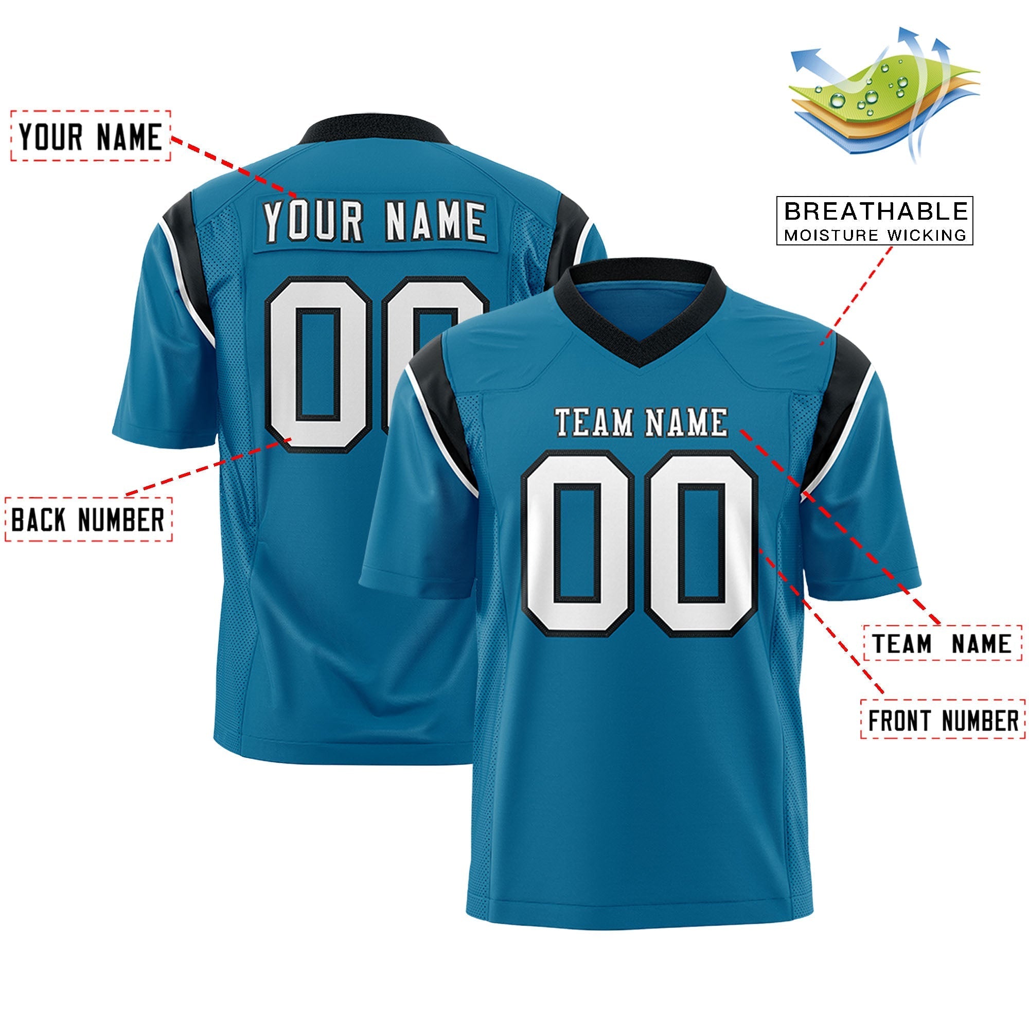 Custom Aqua Black Personalized Shoulder Cut Two-Tone Flag Football Jersey