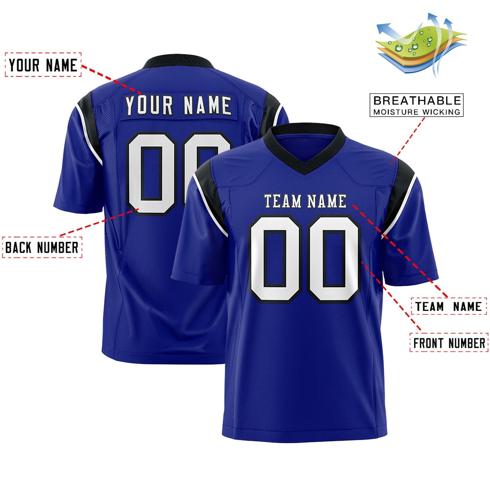 Custom Royal Black Personalized Shoulder Cut Two-Tone Flag Football Jersey