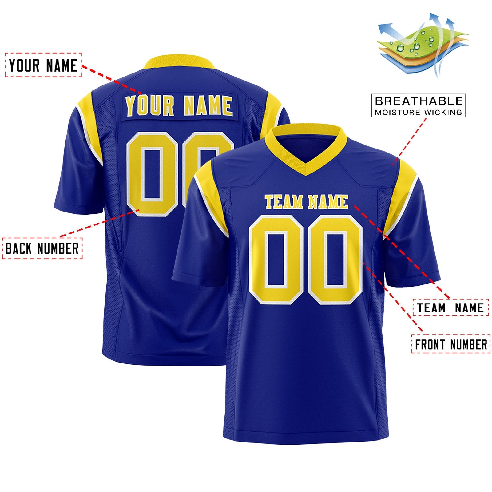 Custom Royal Gold Personalized Shoulder Cut Two-Tone Flag Football Jersey