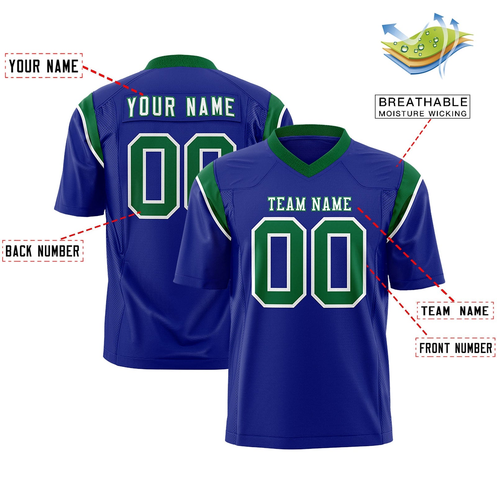 Custom Royal Kelly Green Personalized Shoulder Cut Two-Tone Flag Football Jersey