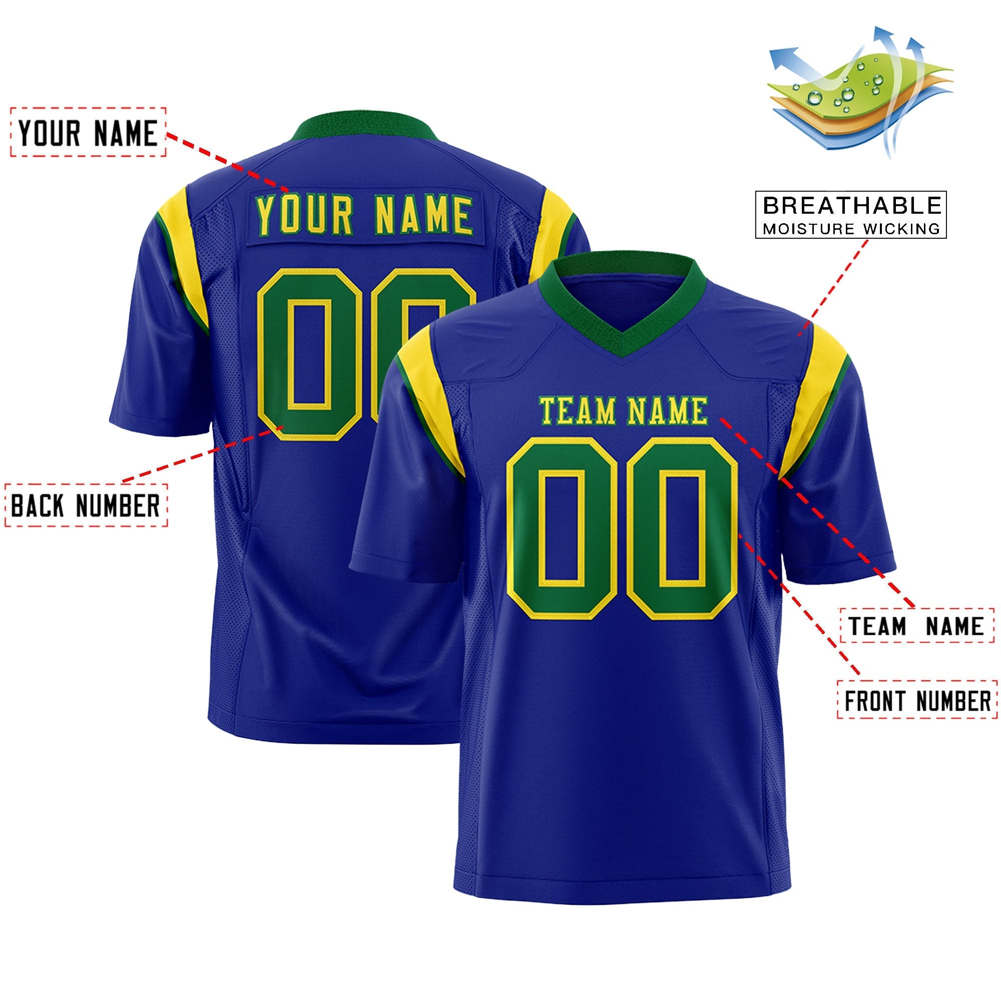 Custom Royal Kelly Green Personalized Shoulder Cut Two-Tone Flag Football Jersey